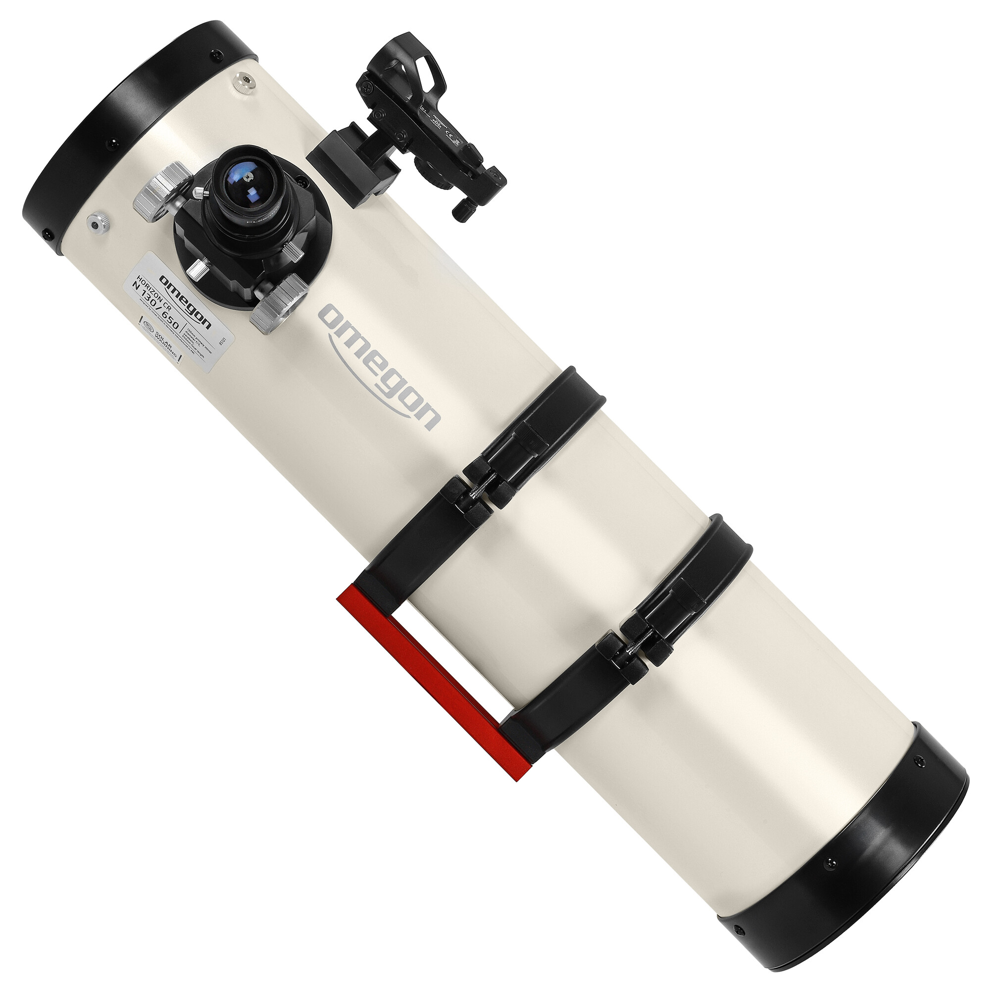 Ein cremefarbener Omegon-Refraktor-Teleskop mit schwarzem Sucher und rotem Griff.