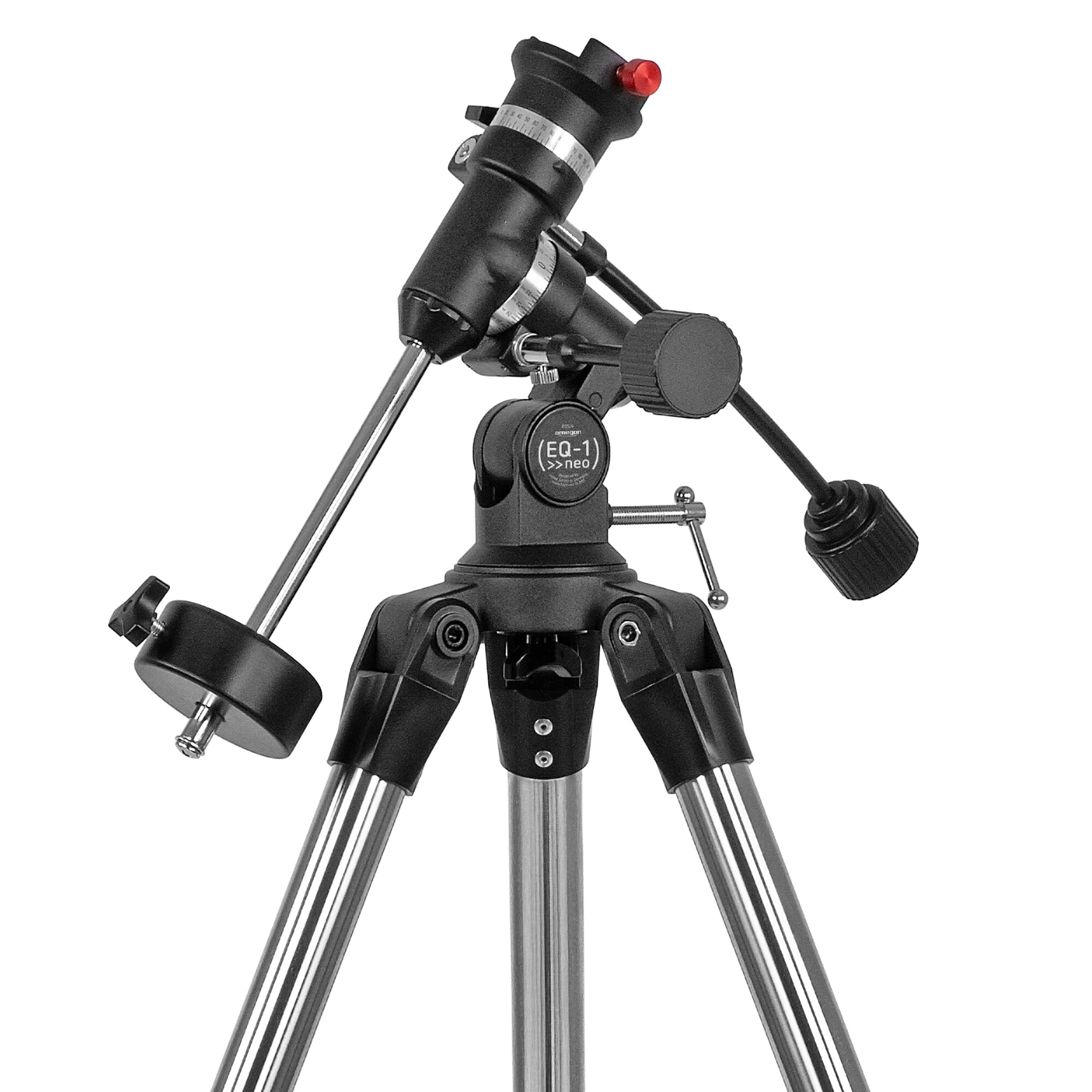 Schwarz-weiße Aufnahme einer astronomischen Montierung mit Aluminiumbeinen.