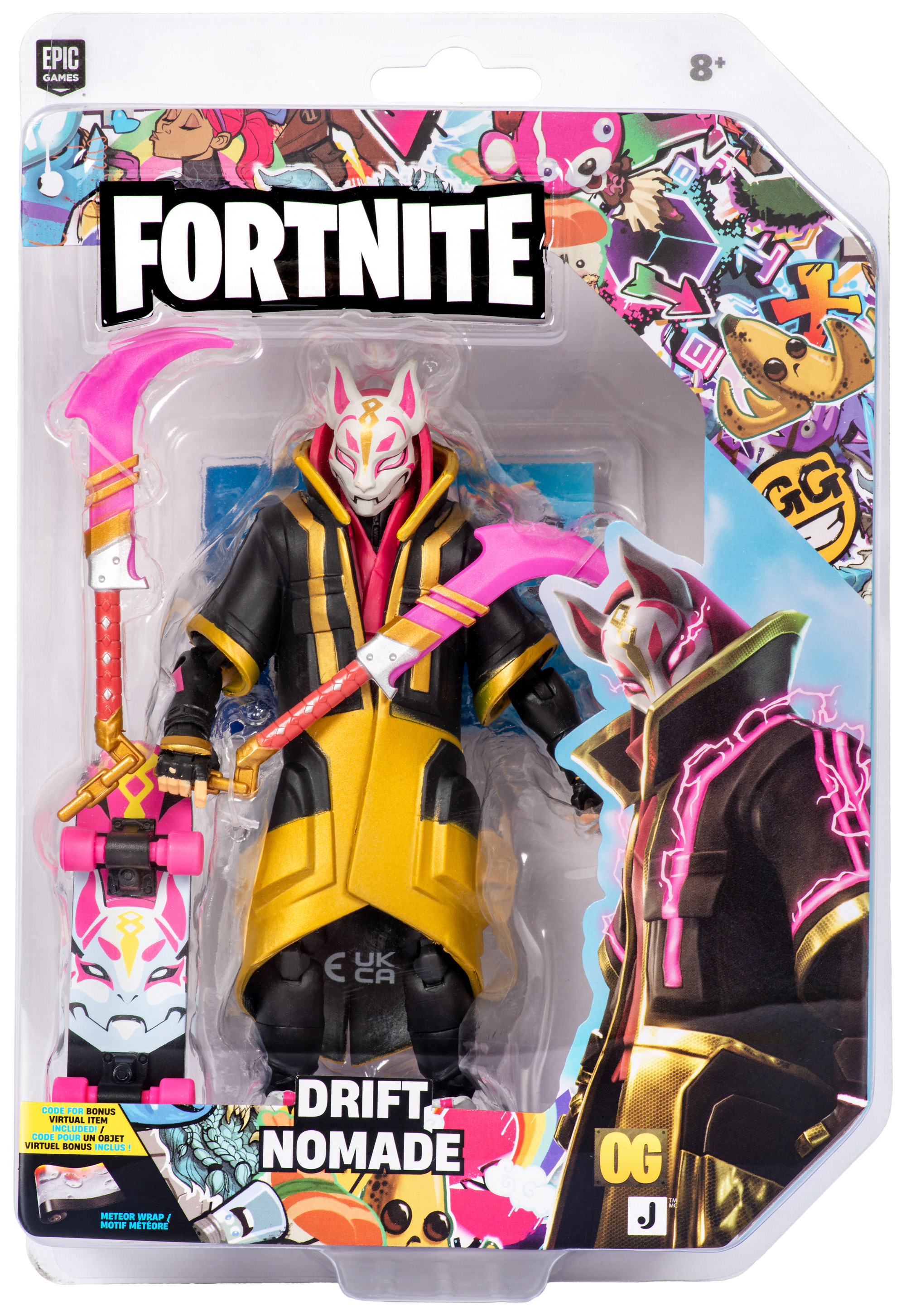 Fortnite Drift Nomad Actionfigur im Paket mit Skateboard und Sense.