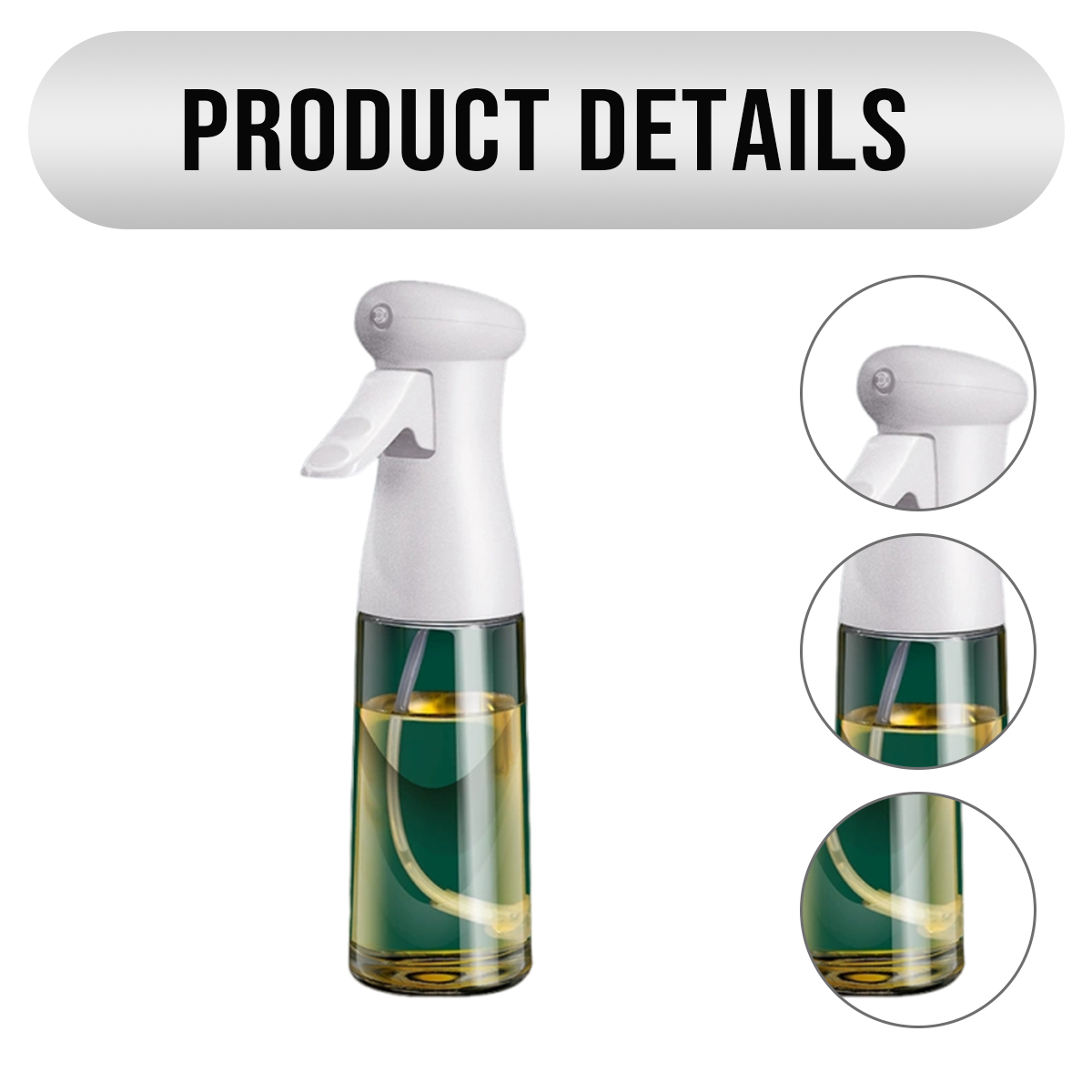Eine transparente Sprühflasche mit weißem Griff, gefüllt mit gelblicher Flüssigkeit.