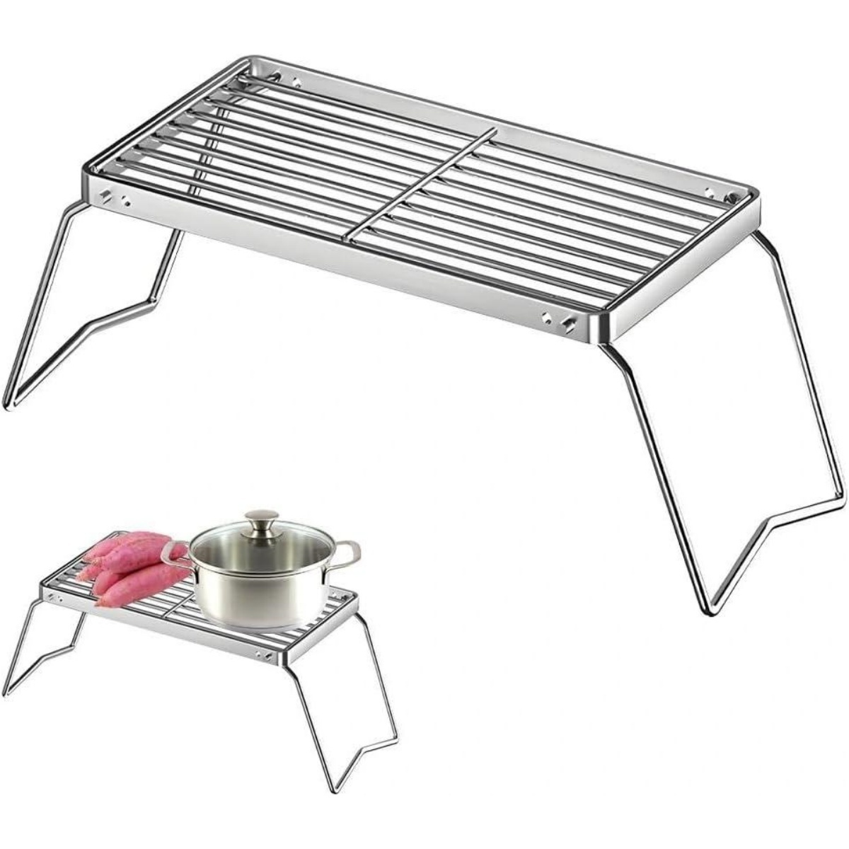 Zwei silberne Grillroste mit klappbaren Beinen. Einer zeigt Süßkartoffeln und einen Topf.