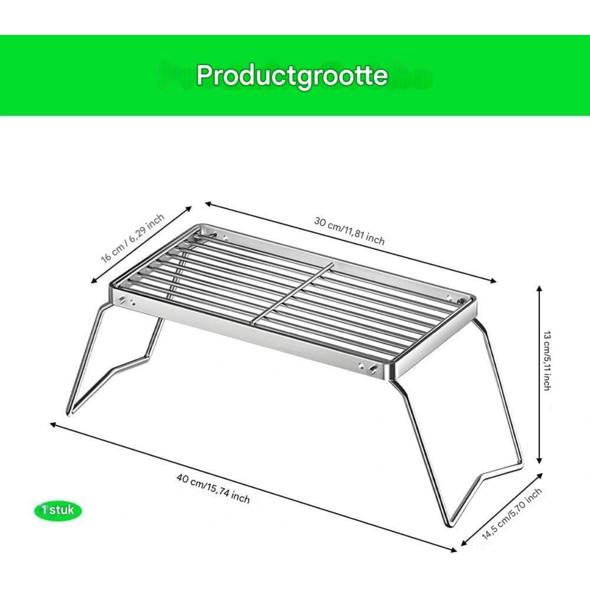Ein silbernes Grillrost mit Maßen: 30x16x13 cm. Gesamtbreite 40 cm.