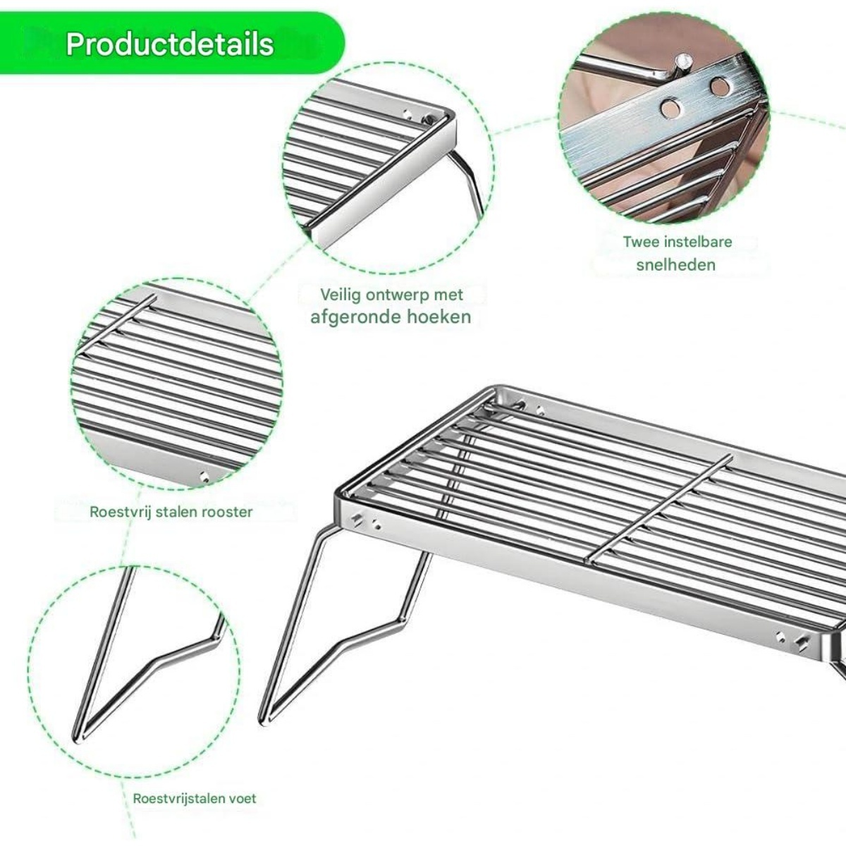 Ein klappbarer Grillrost aus Edelstahl mit hervorgehobenen Details.