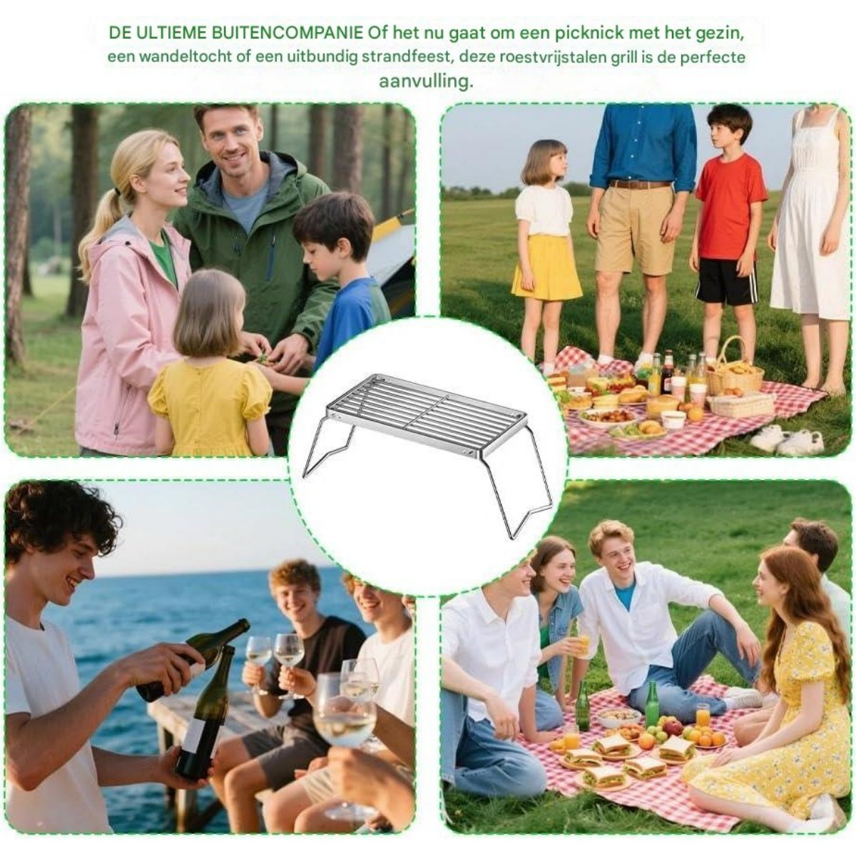 Familiepicknick im Wald, Picknick auf einer Wiese und Freunde am Meer.