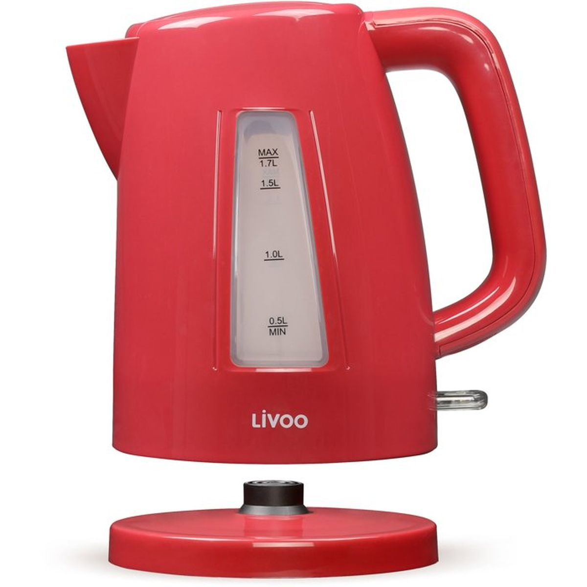 Un bollitore elettrico rosso Livoo con indicatore del livello dell'acqua è sulla base.