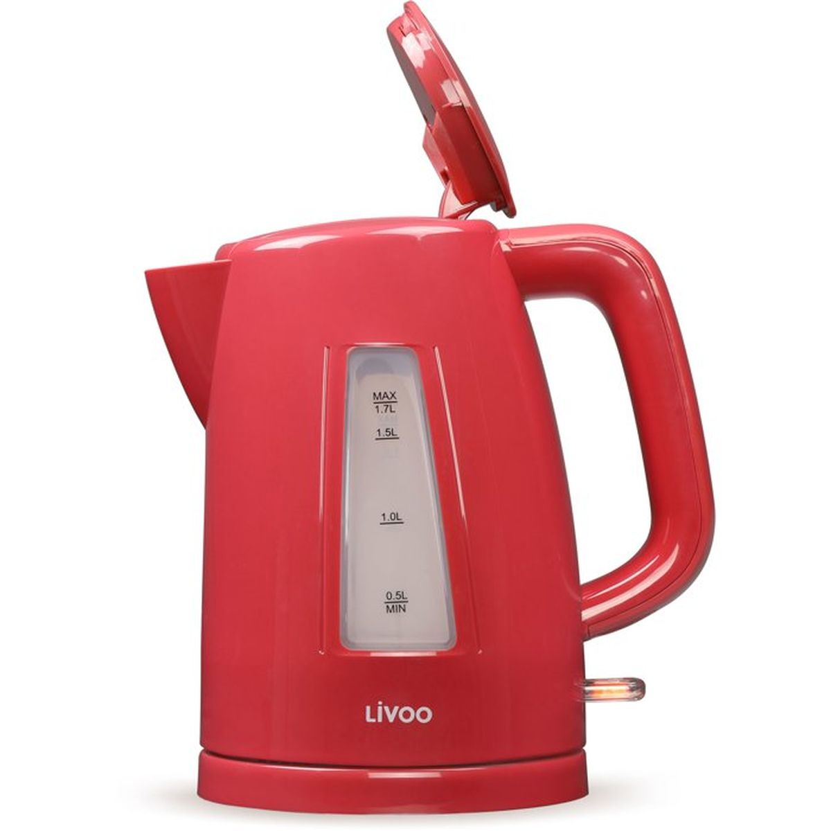 Un bollitore elettrico rosso con coperchio aperto e indicatore di livello visibile.