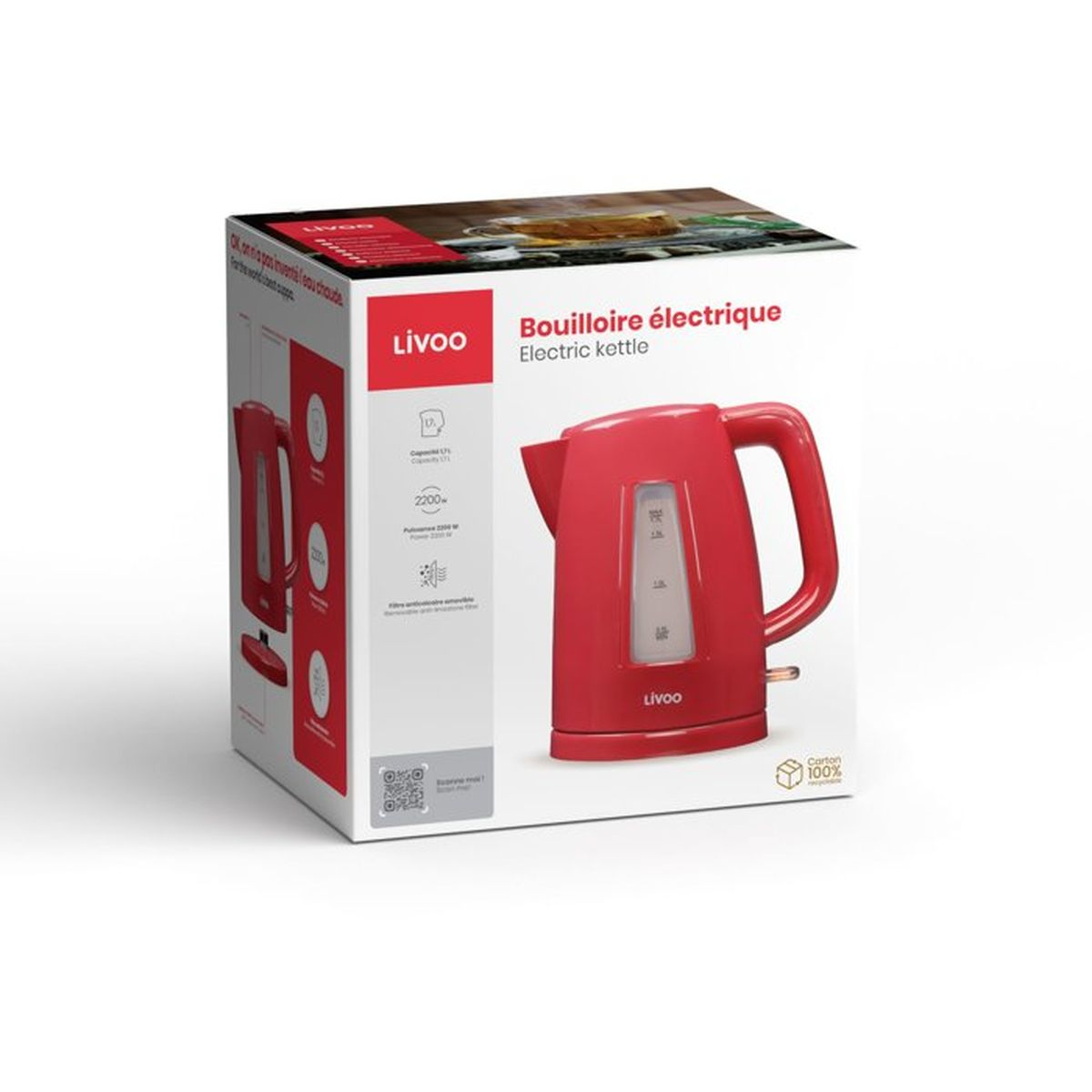 Bollitore elettrico rosso Livoo su confezione bianca. Capacità 1.7L, potenza 2200W.