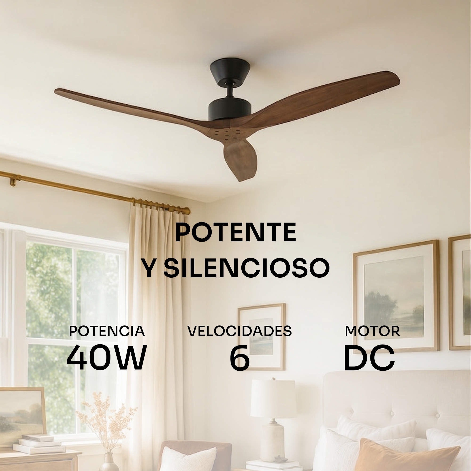 Ventilador de techo negro con aspas de madera sobre una cama. 40W, 6 velocidades, motor DC.