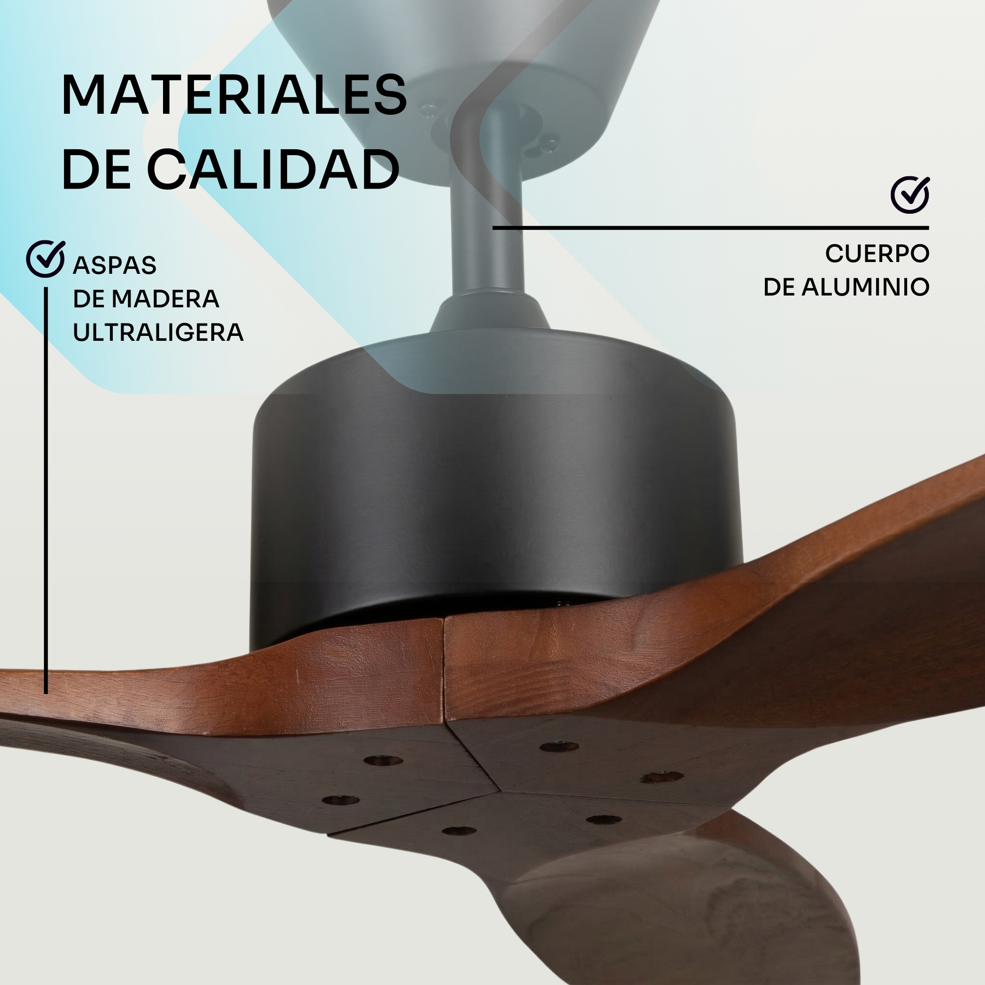 Ventilador de techo negro con aspas de madera. Cuerpo de aluminio.
