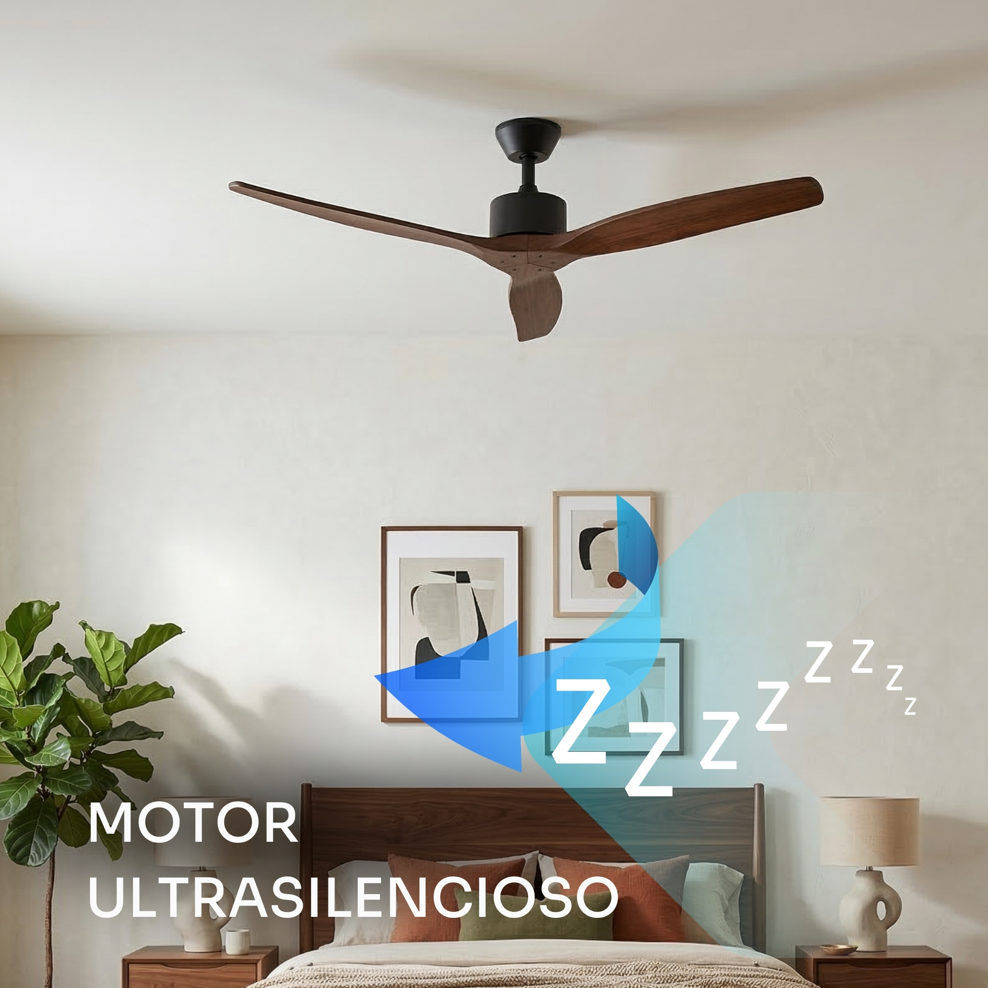 Un ventilador de techo con aspas de madera sobre una cama. Símbolos Zzz indican silencio.