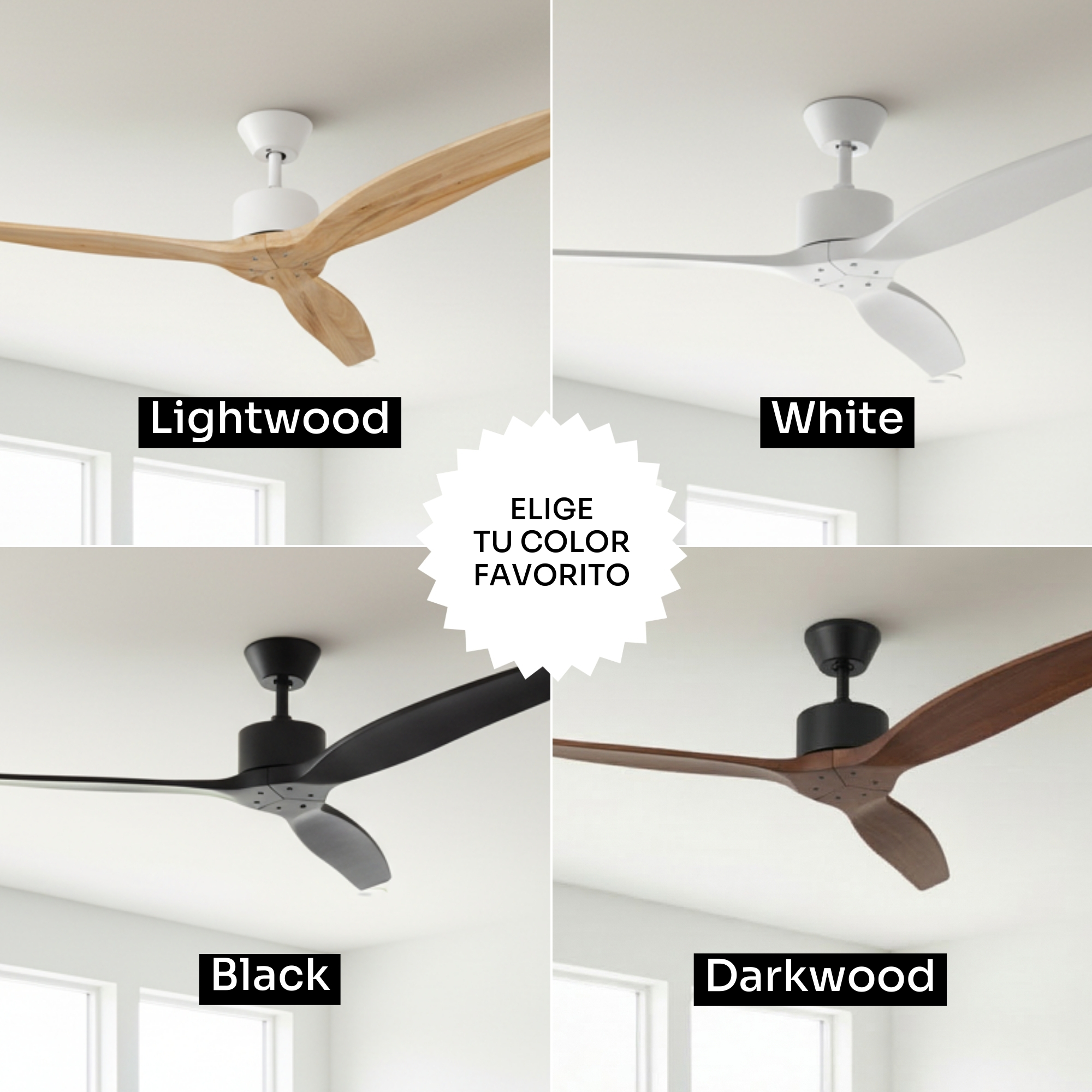Cuatro ventiladores de techo en diferentes colores: Madera clara, Blanco, Negro y Madera oscura.