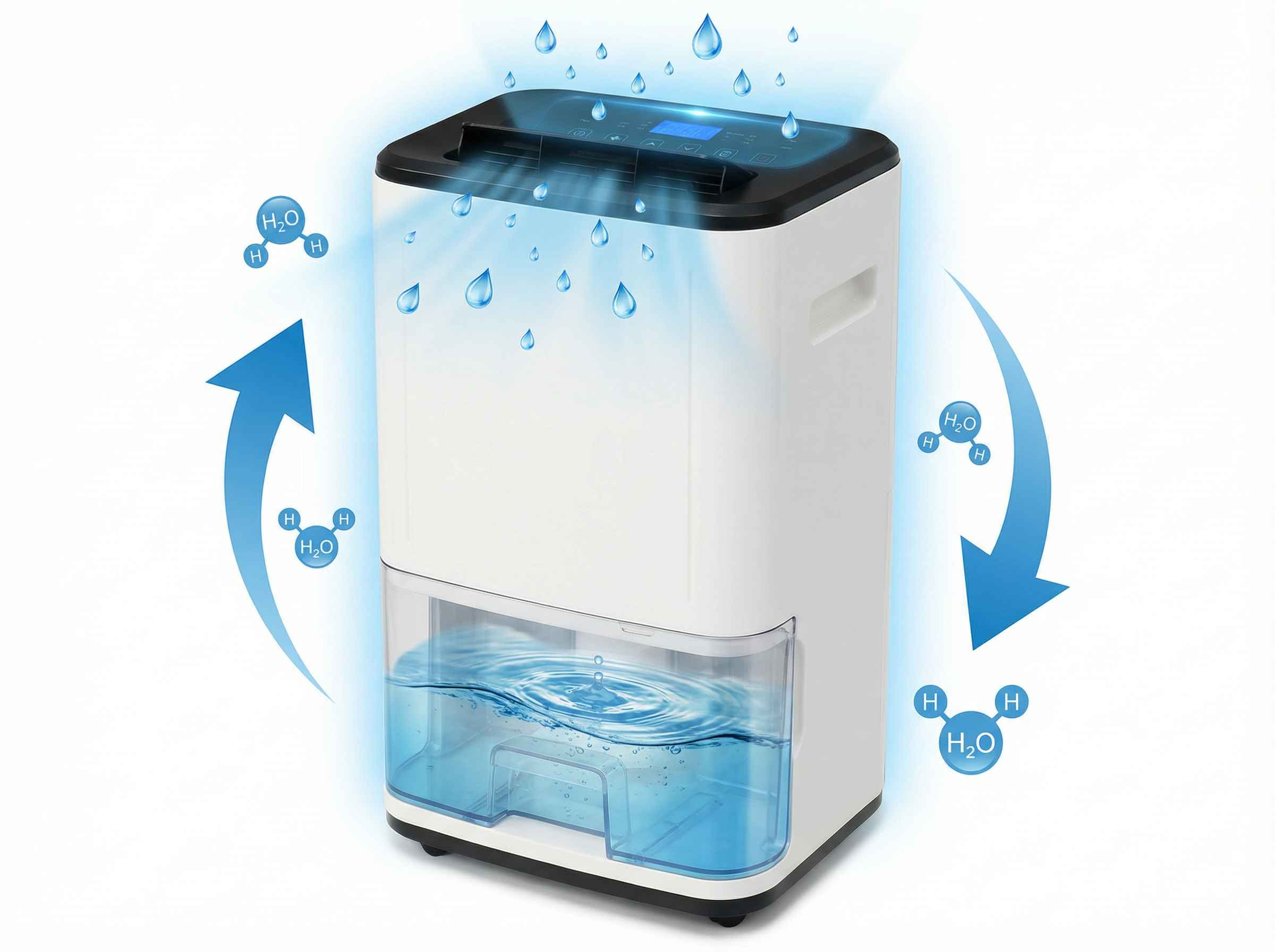 Ein weißer Luftentfeuchter mit blauem Wassertank, der Wasser sammelt.