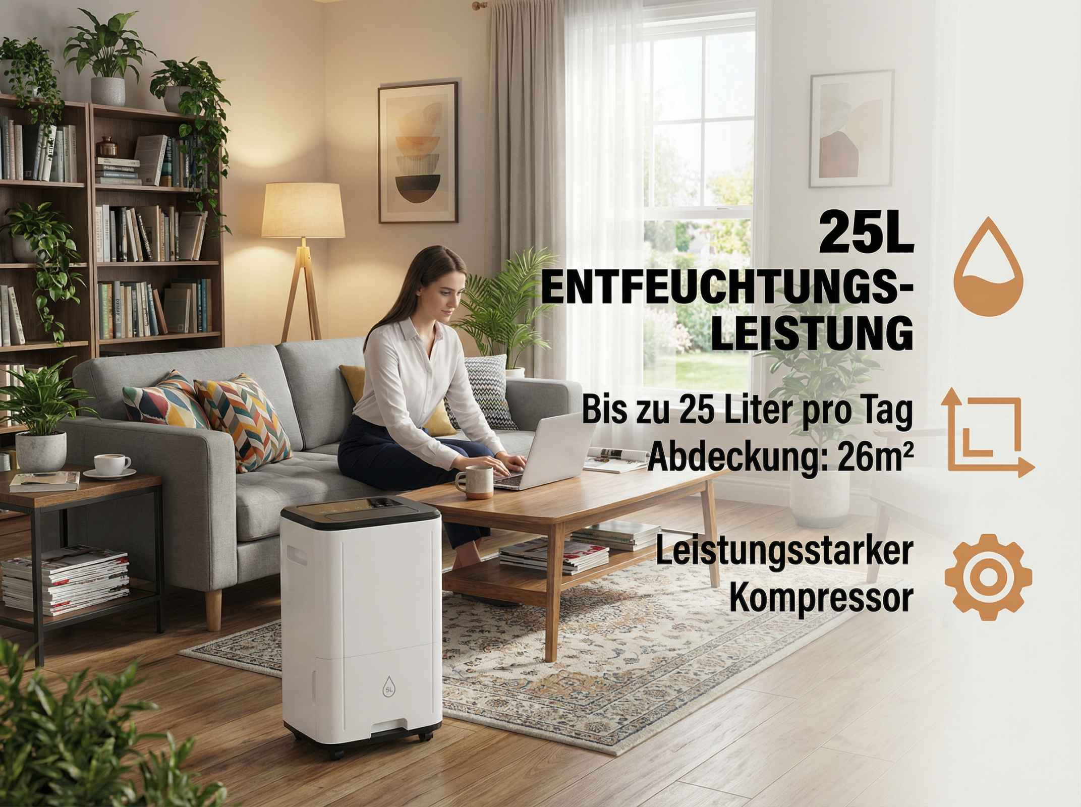 Eine Frau sitzt auf einem Sofa und benutzt einen Laptop, neben einem Luftentfeuchter.