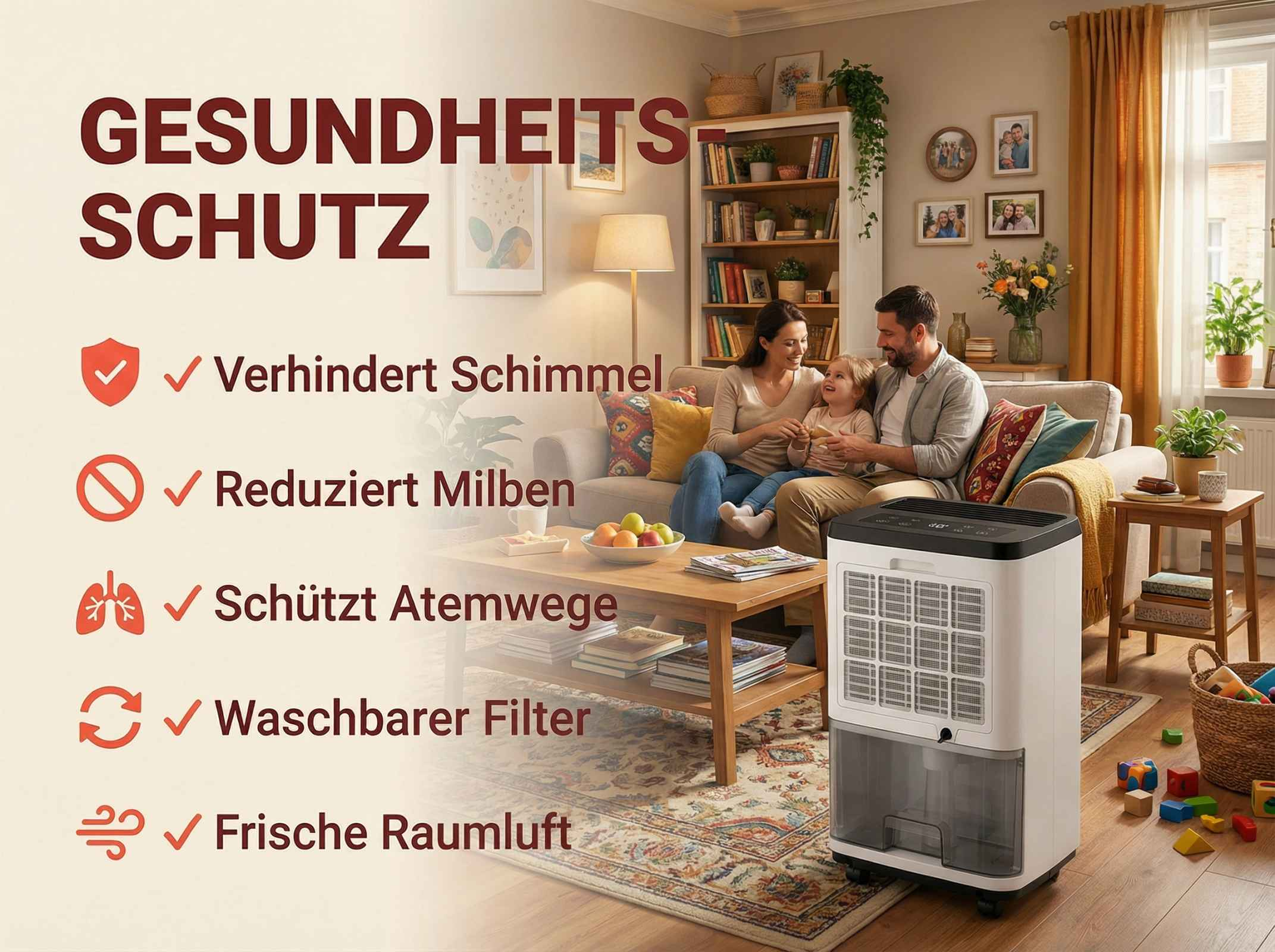 Familie im Wohnzimmer mit Luftentfeuchter und Text zu Gesundheitschutz.