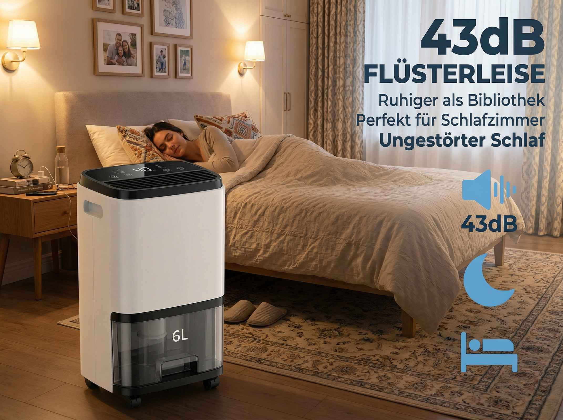 Ein weißer Luftentfeuchter steht neben einem Bett, auf dem eine Frau schläft.