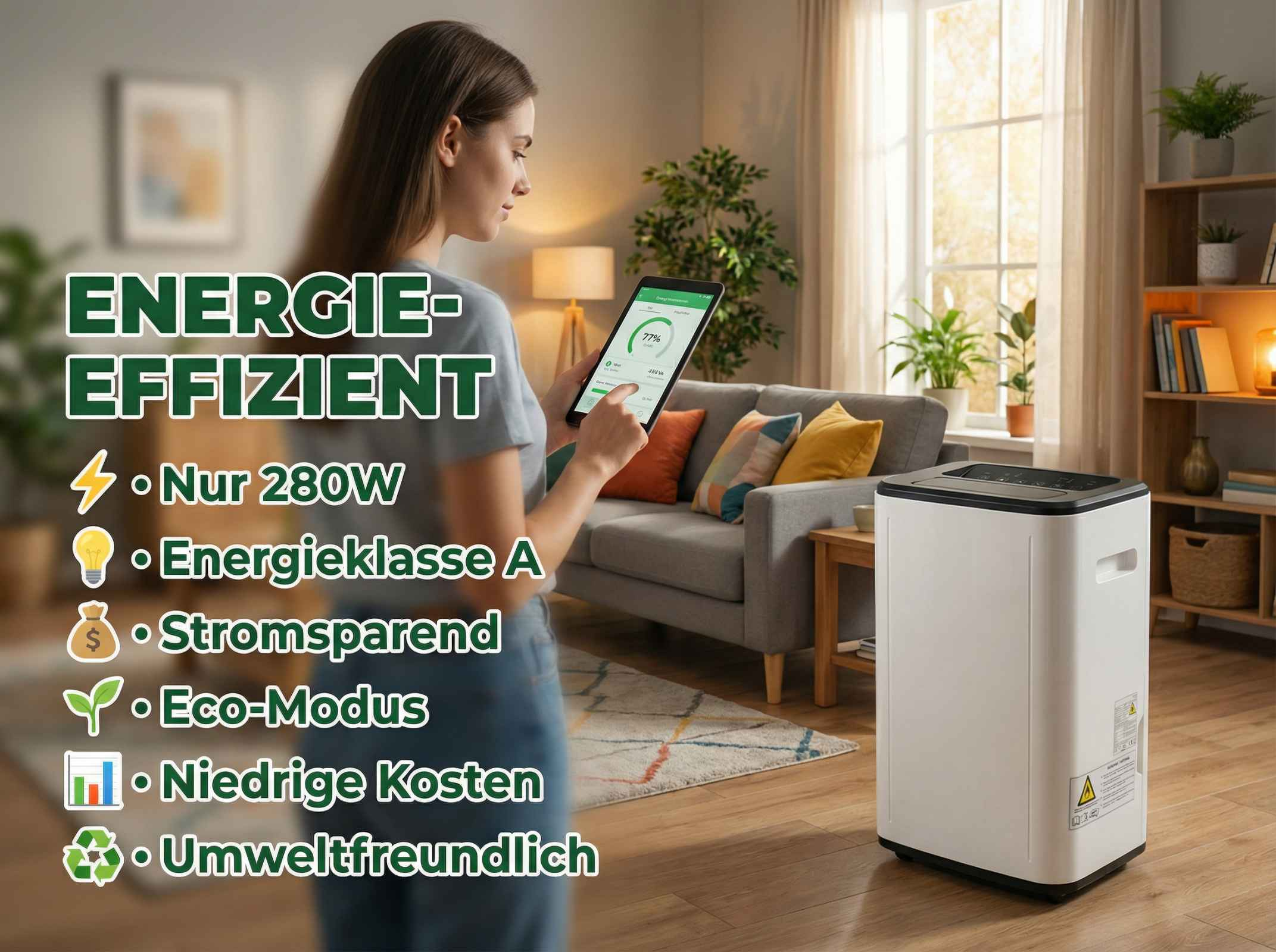 Frau mit Tablet in einem Wohnzimmer neben einem weißen Luftentfeuchter. Liste mit Merkmalen.