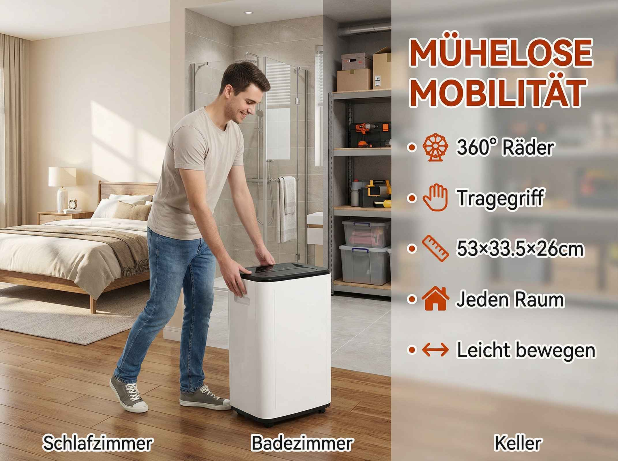 Mann schiebt einen weißen Luftentfeuchter in einem Schlafzimmer, Badezimmer und Keller.