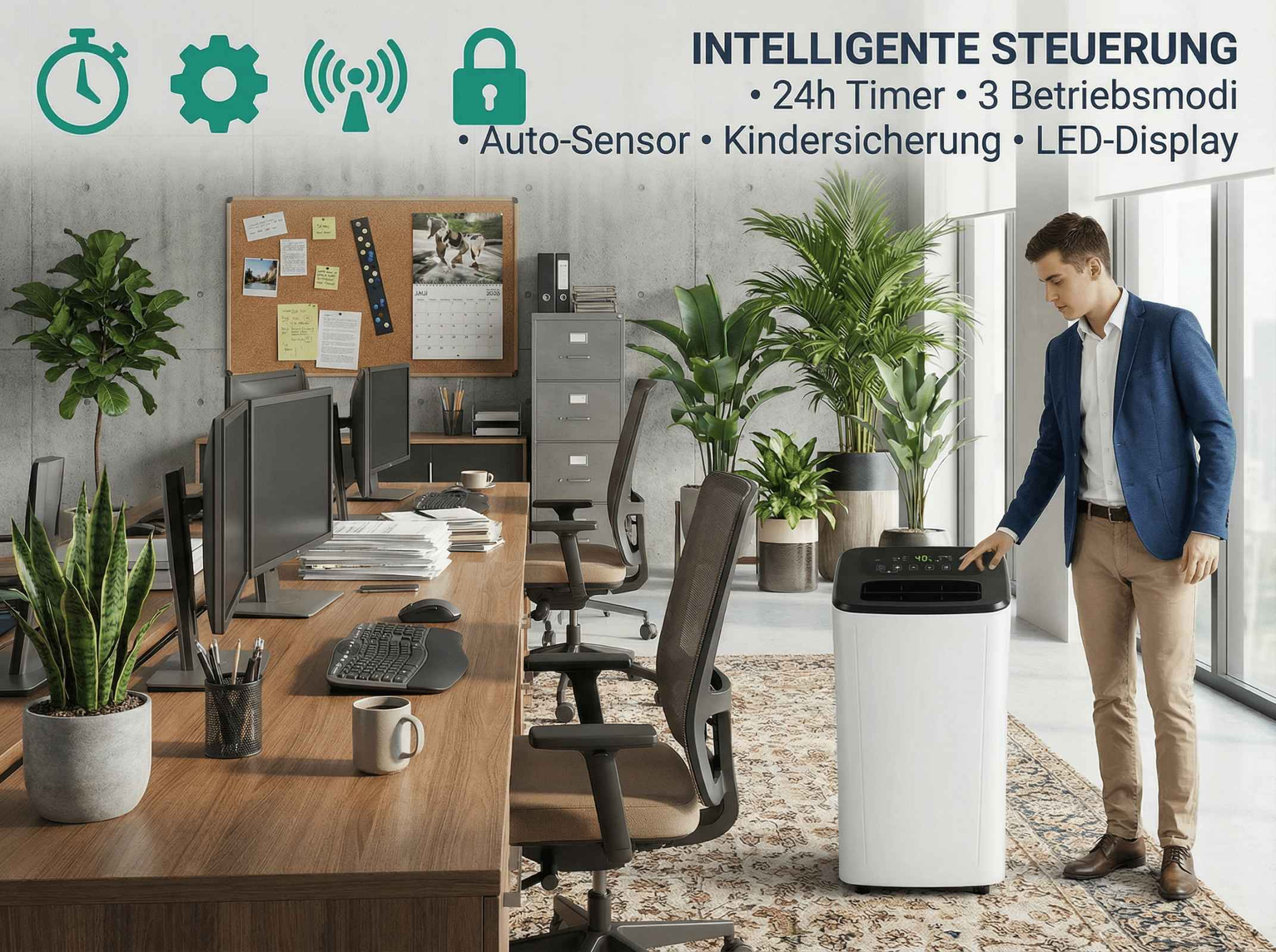 Mann bedient Klimagerät in einem Büro mit Pflanzen und Schreibtischen.