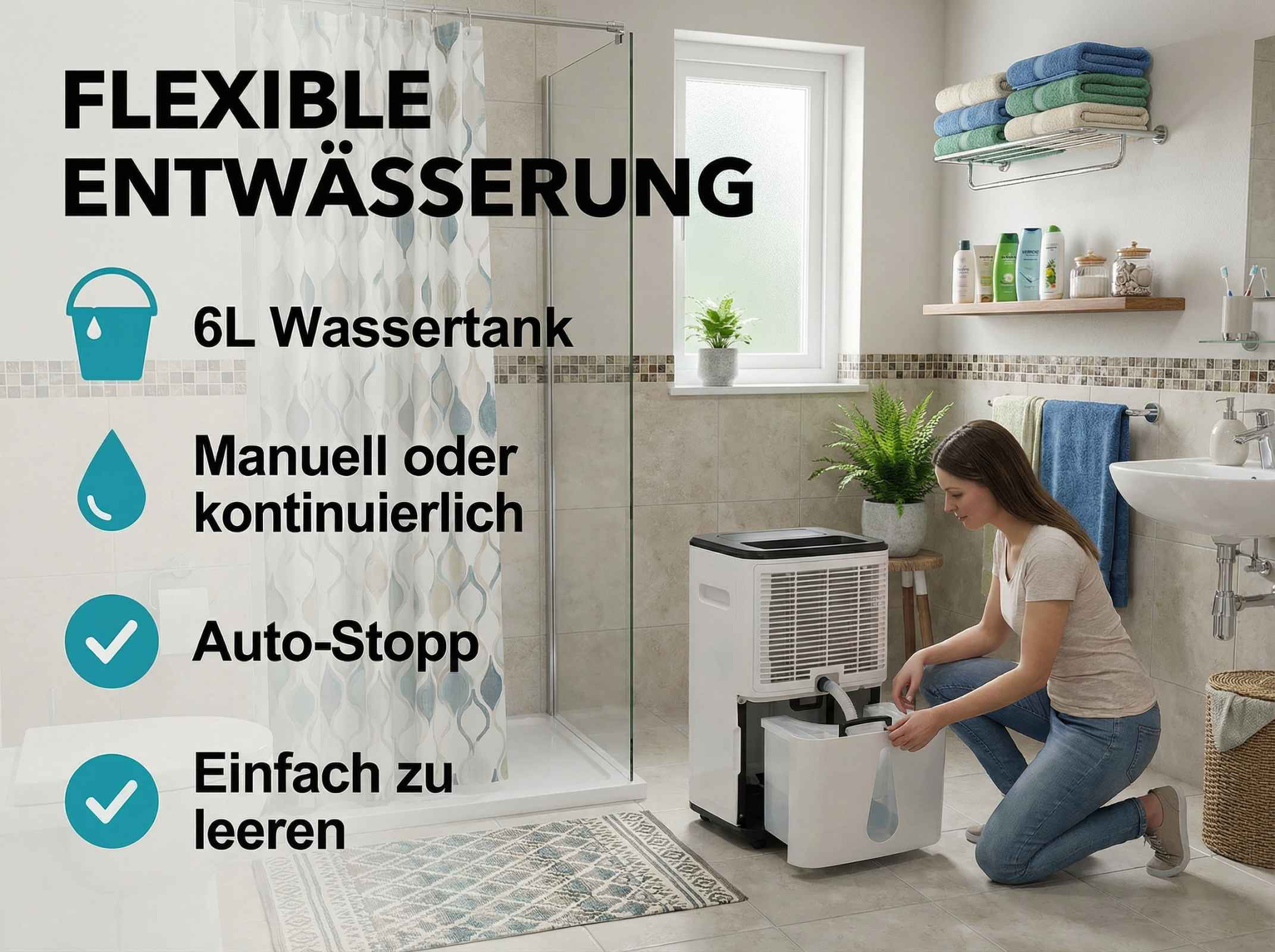 Ein Dehumidifier mit 6L Tank in einem Badezimmer. Eine Frau leert den Tank.