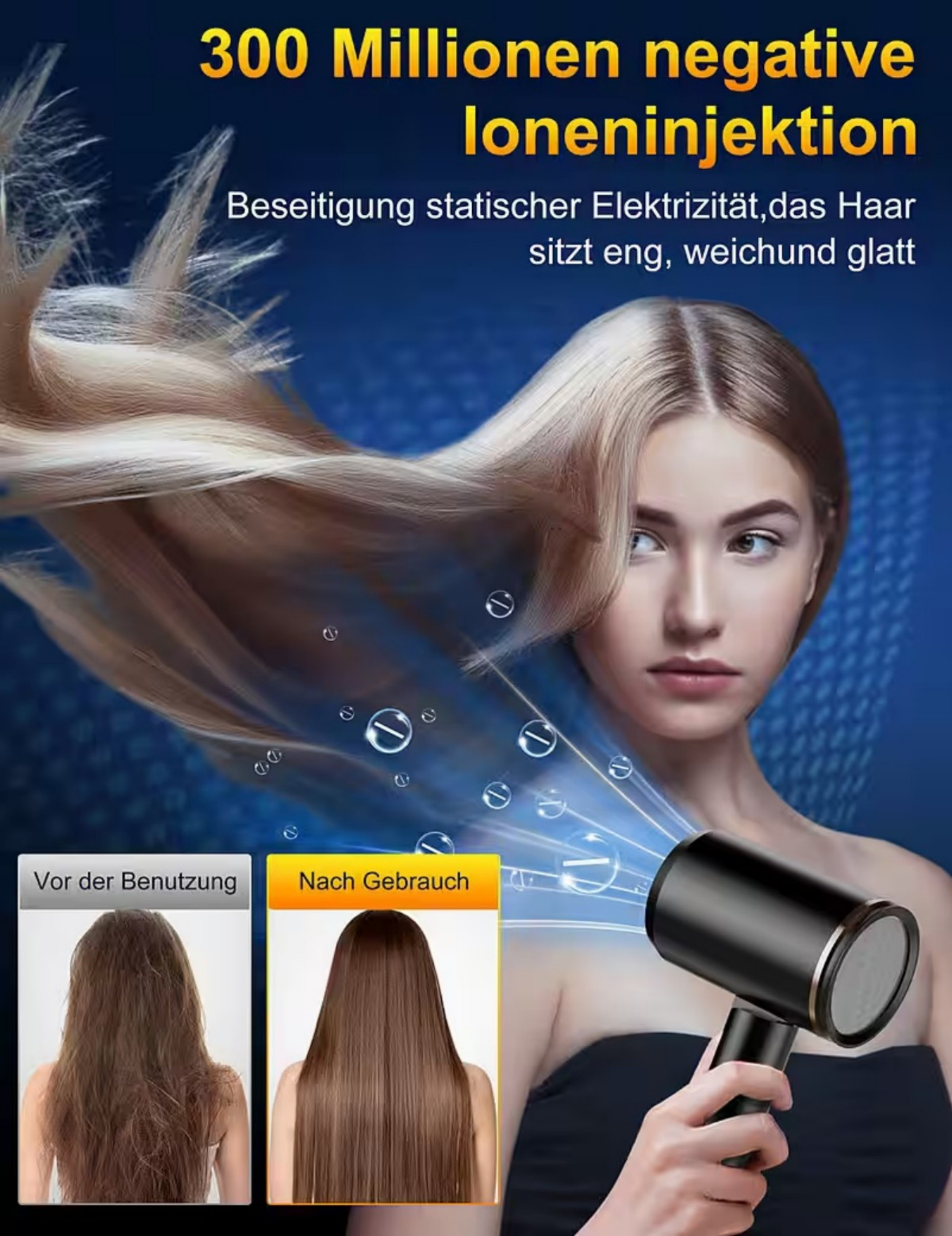 Frau mit glänzendem Haar, föhnt mit einem schwarzen Föhn. Vorher/Nachher-Bild zeigt Transformation.