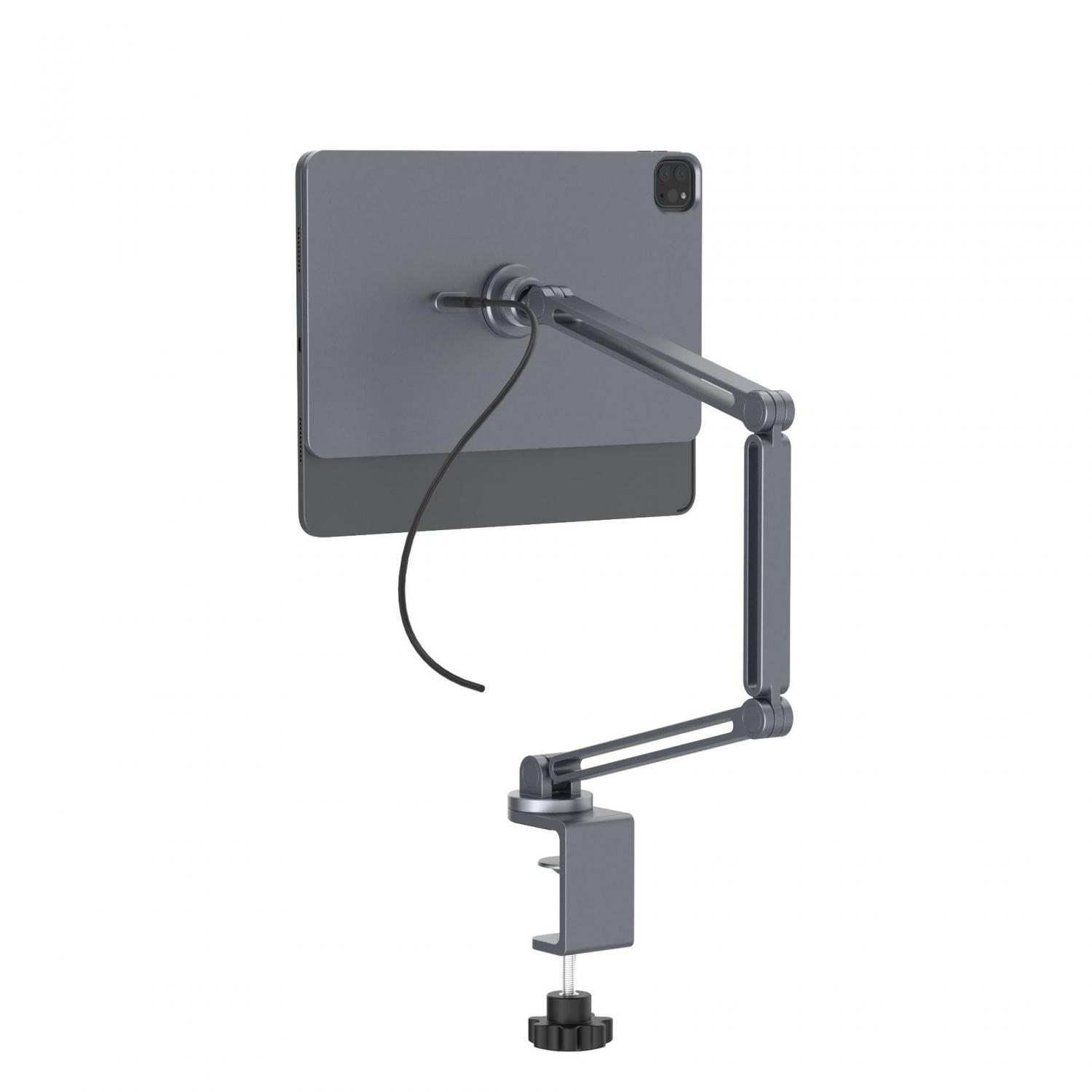 Grauer Tablet-Arm mit Klemme, der an einem Tisch befestigt ist.