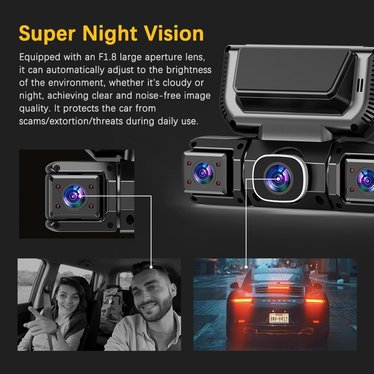 Drei-Linsen-Autokamera mit Nachtsicht, die ein Paar im Auto und einen Porsche bei Nacht zeigt.