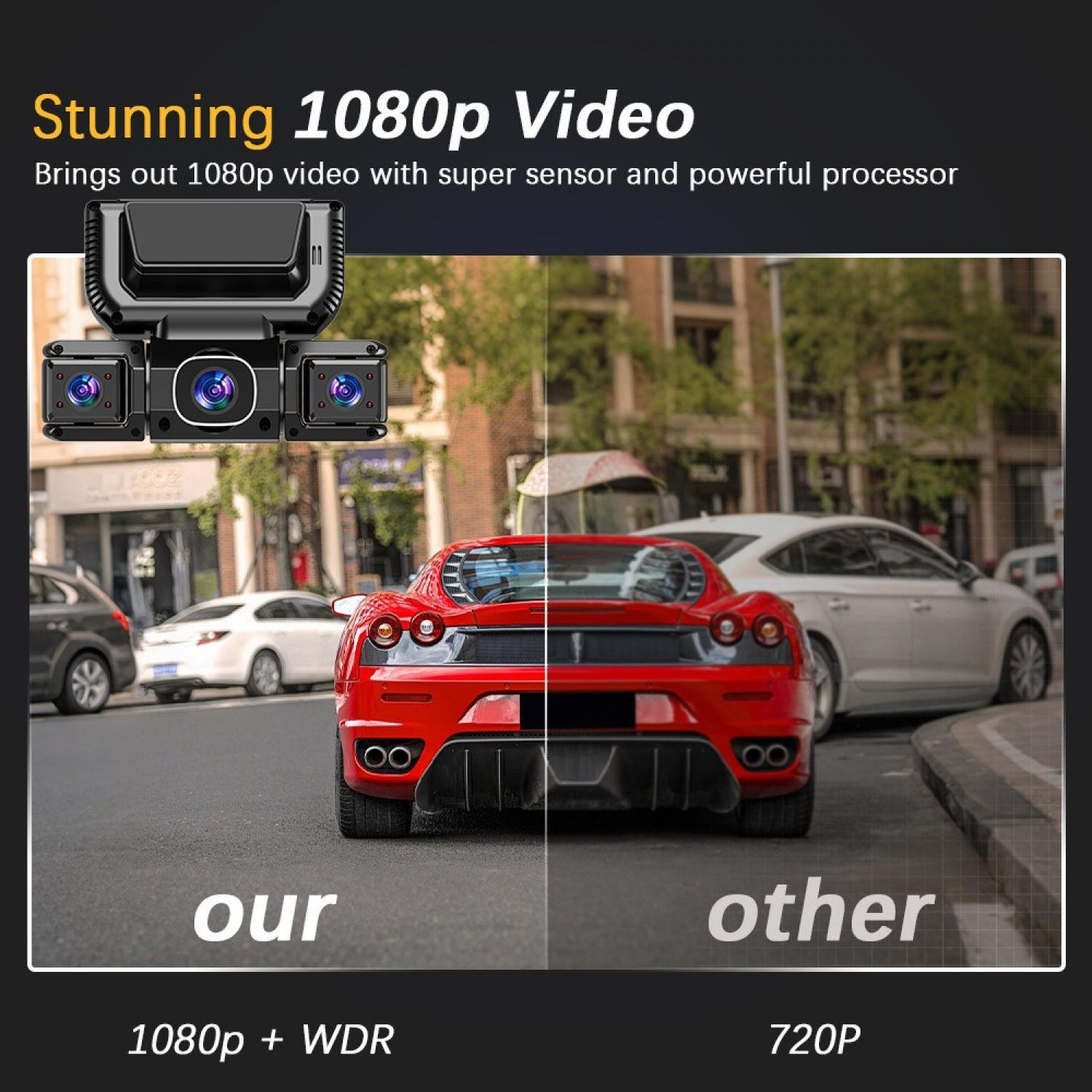 Drei-Linsen-Autokamera zeigt Rückansicht eines roten Autos. Vergleich 1080p vs 720p.