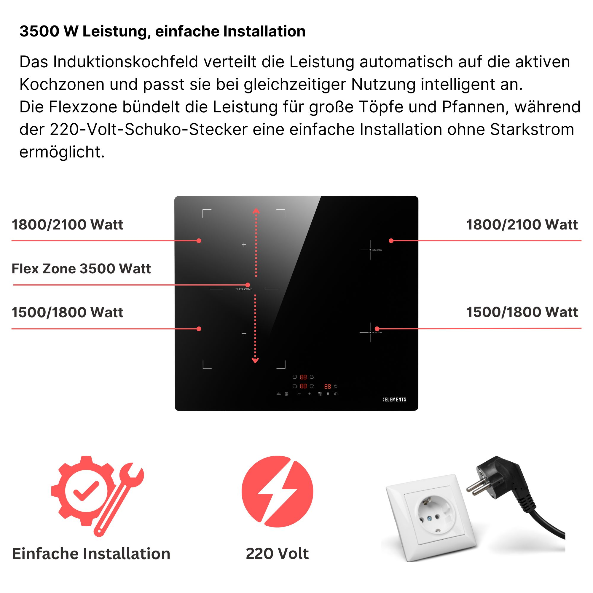 Induktionskochfeld mit Flexzone, 3500W. Links: Leistungswerte. Rechts: Kochfeld.