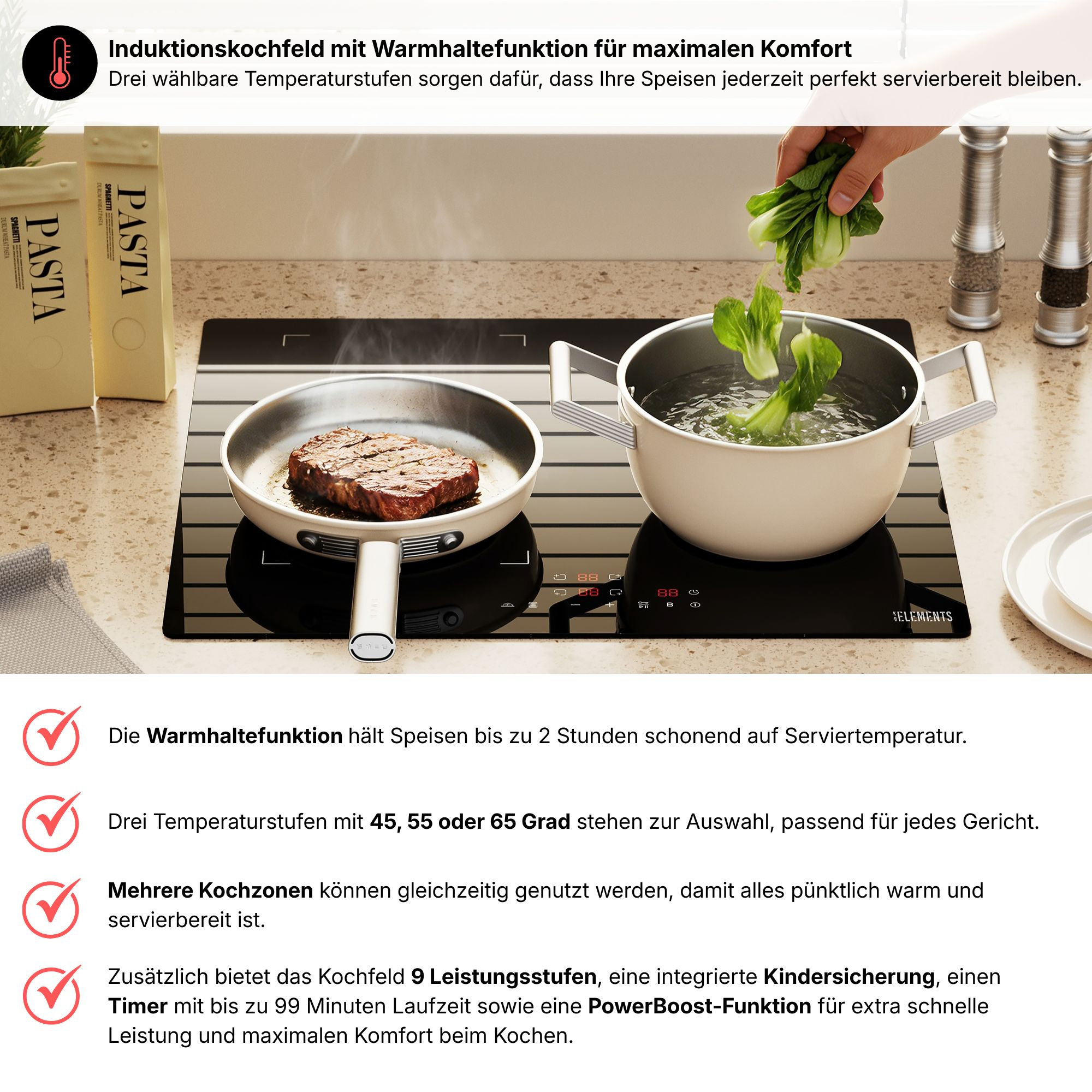 Induktionskochfeld: Steak in Pfanne, Gemüse im Topf. Pasta-Packungen daneben.