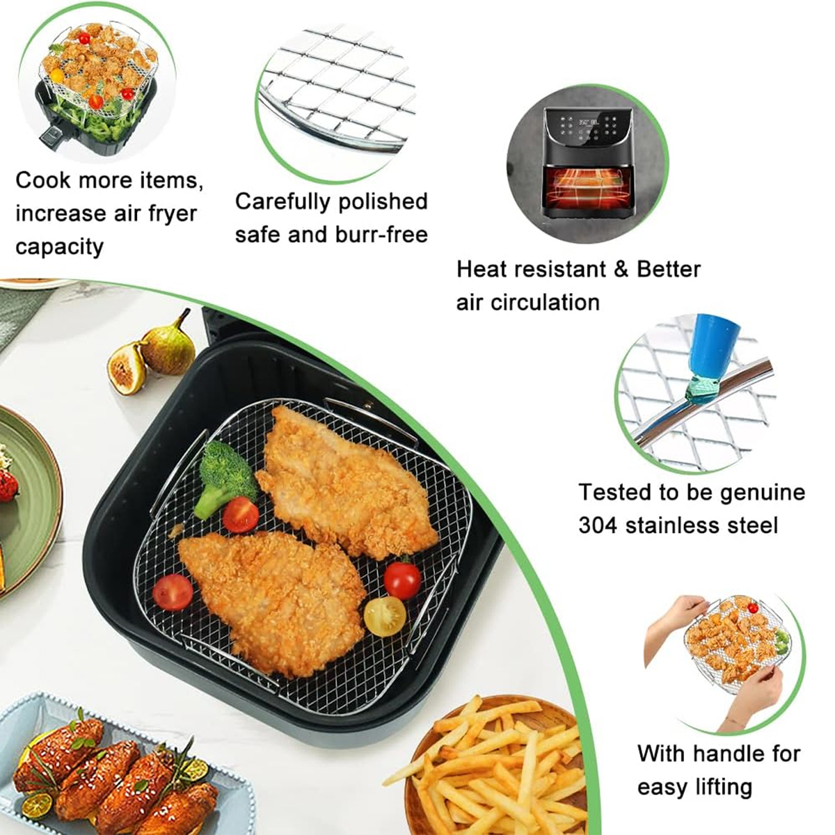 Airfryer mit paniertem Essen, Pommes und Flügeln. Details zu Kapazität und Material.
