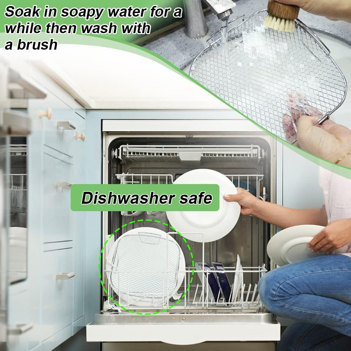 Ein Gitterkorb wird in einem Geschirrspüler platziert, der für die Reinigung mit Wasser und Seife geeignet ist.