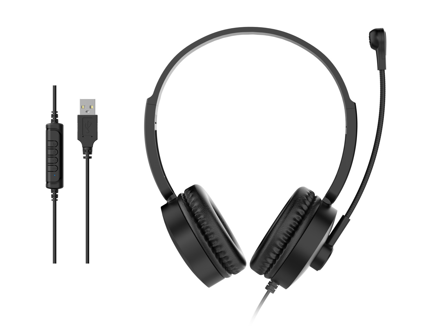 Cuffie nere con microfono e connettore USB su sfondo bianco.