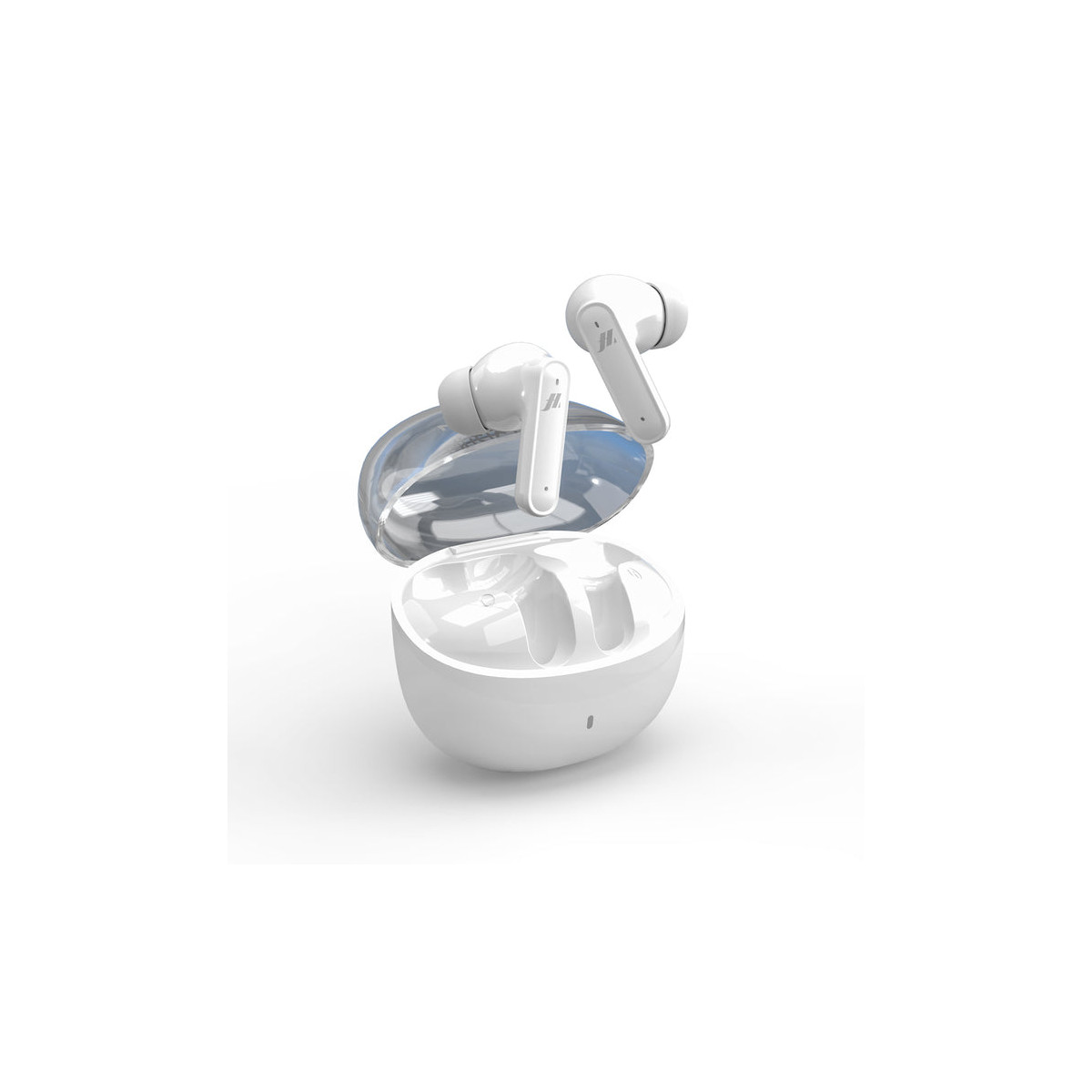 Auricolari wireless bianchi con custodia di ricarica trasparente su sfondo bianco.