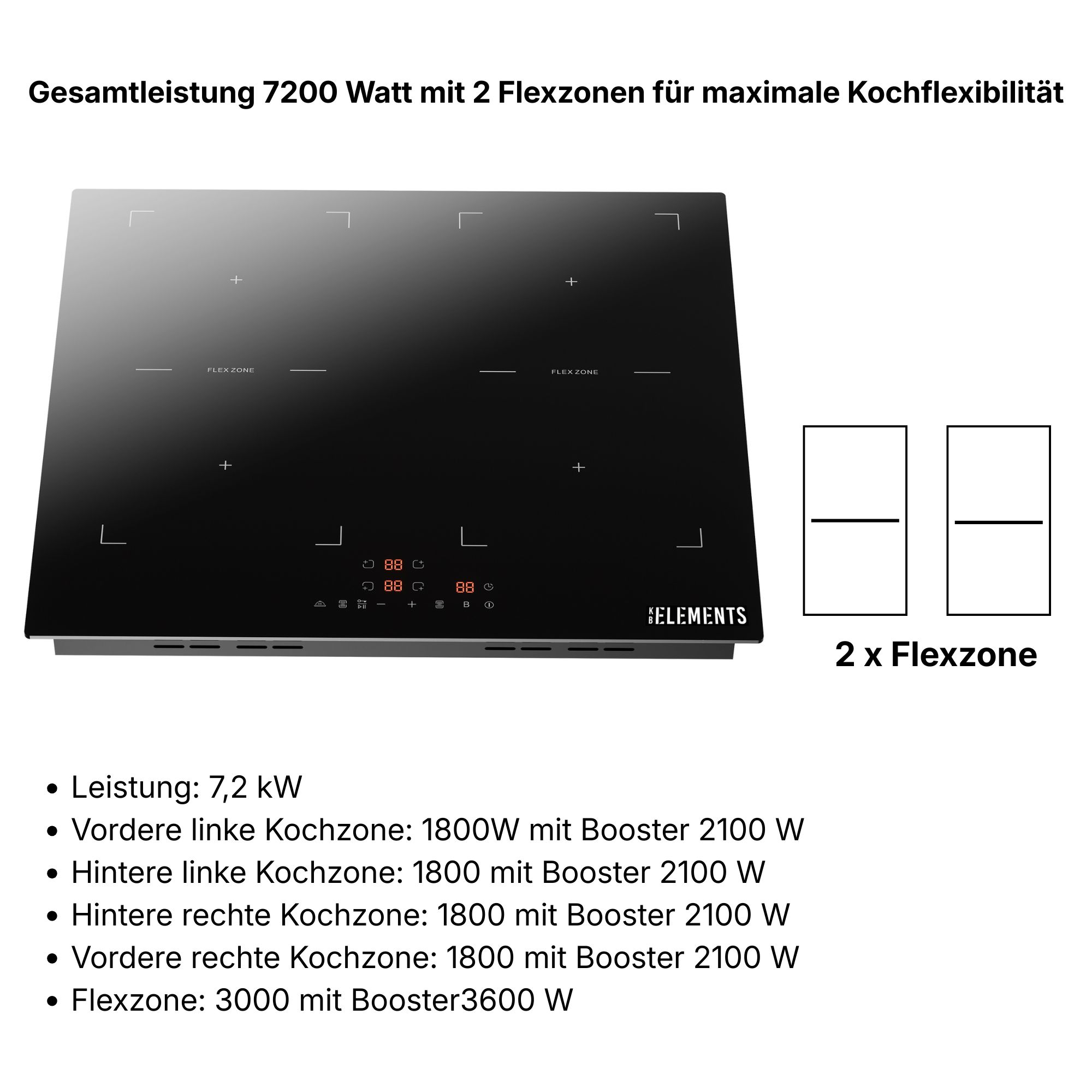 Schwarzes Induktionskochfeld mit Bedienelementen und zwei Flexzonen.