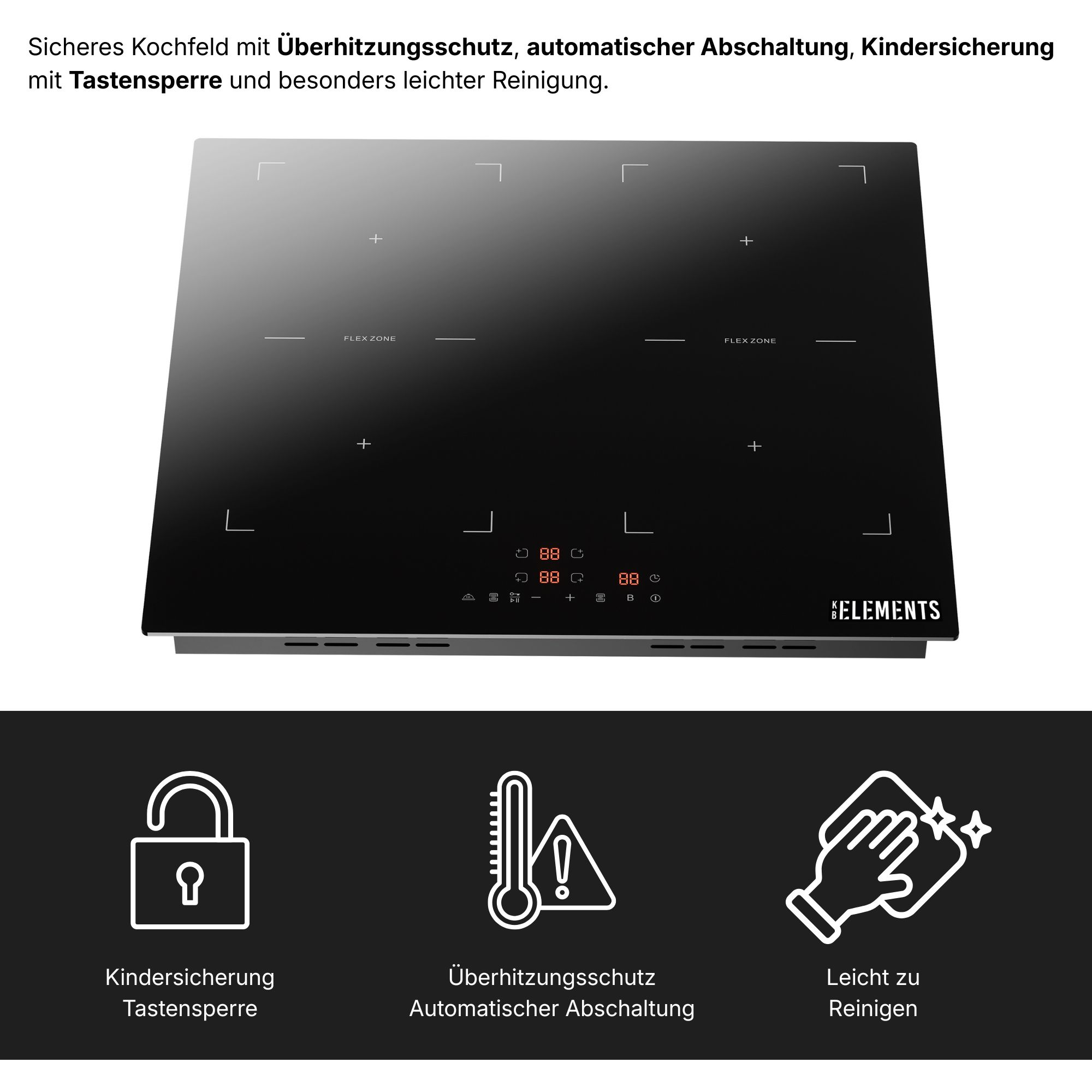 Schwarzes Kochfeld mit vier Flexzonen und digitaler Anzeige.
