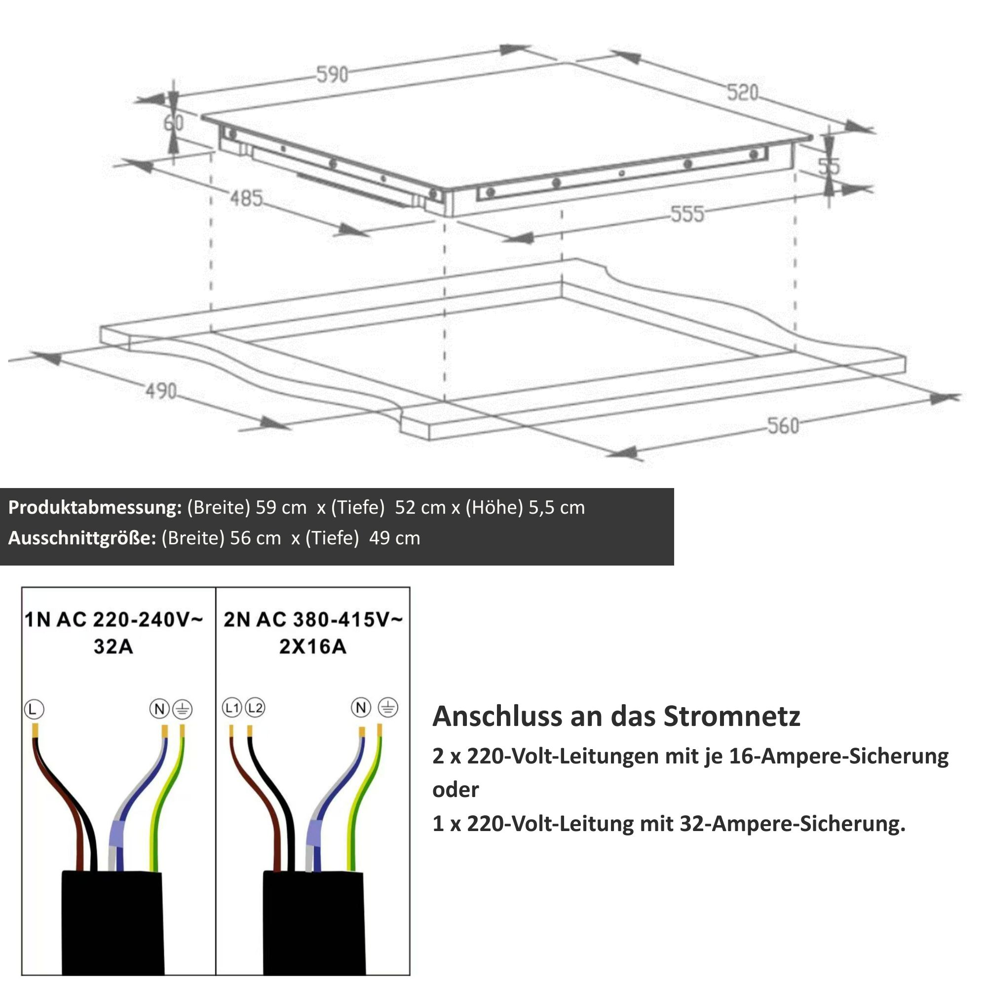 Technische Zeichnung einer Kochplatte mit Maßen und Anschlussdiagrammen für Strom.
