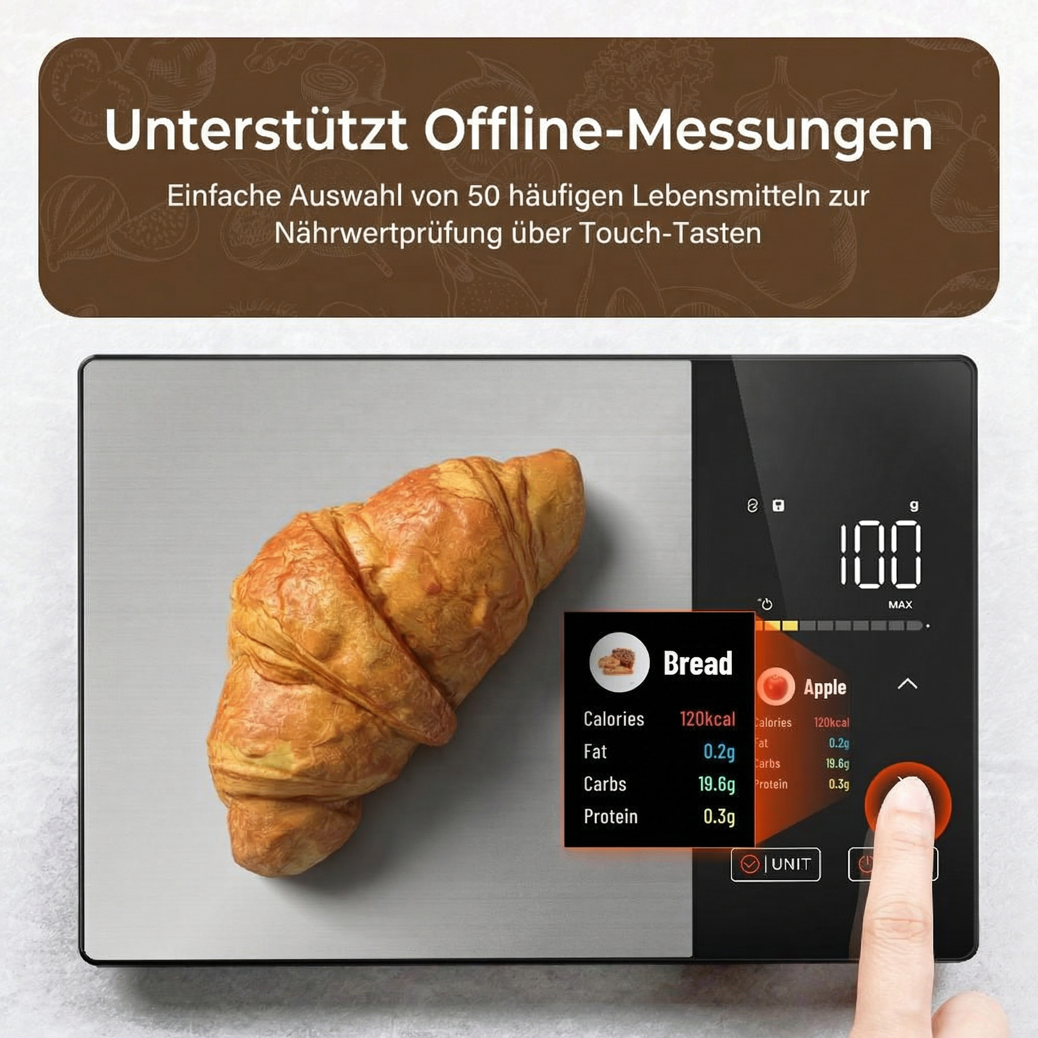 Ein digitaler Küchenwaage zeigt ein Croissant und Nährwertangaben für Brot an.
