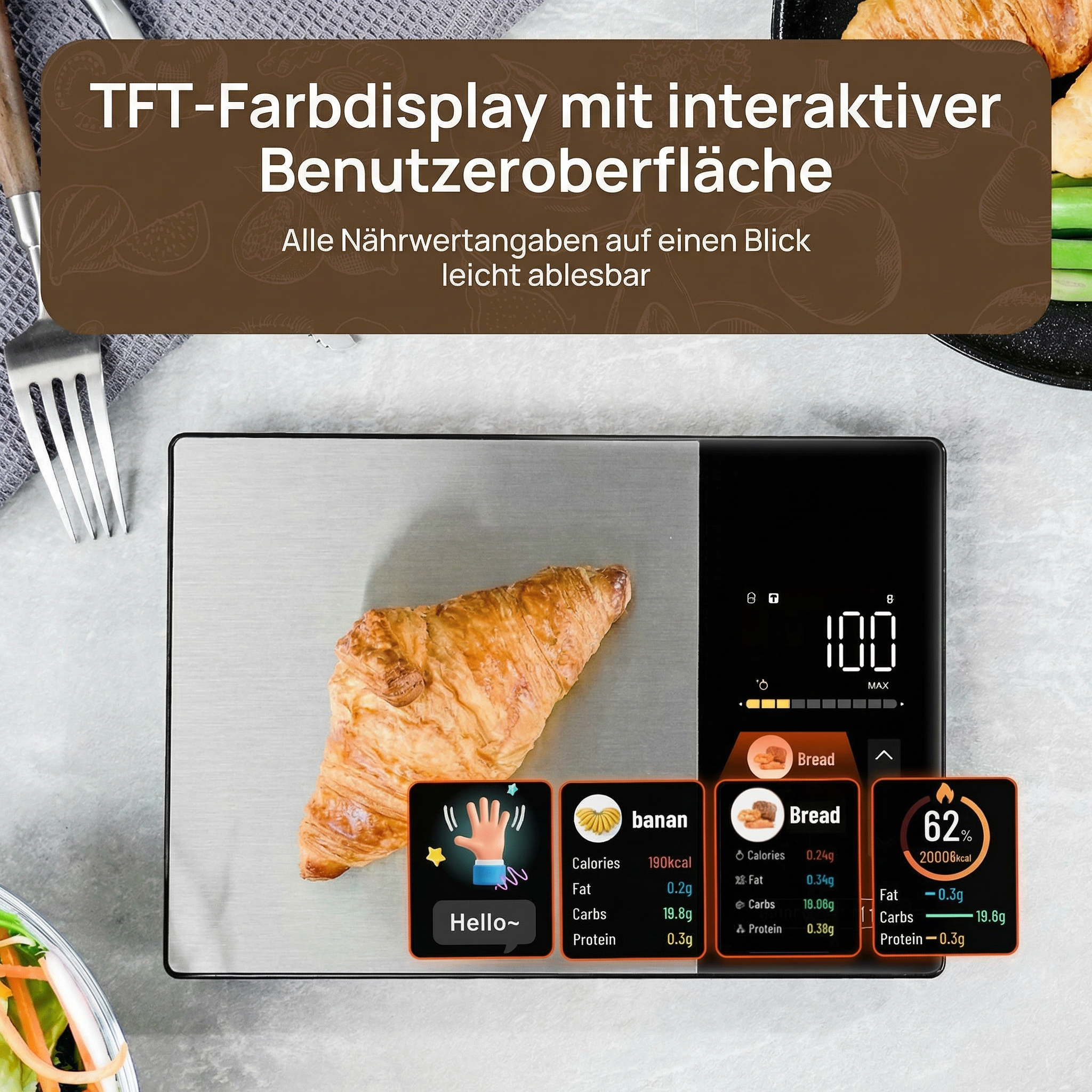 Digitale Küchenwaage mit Croissant, zeigt Nährwerte für Banane und Brot an.