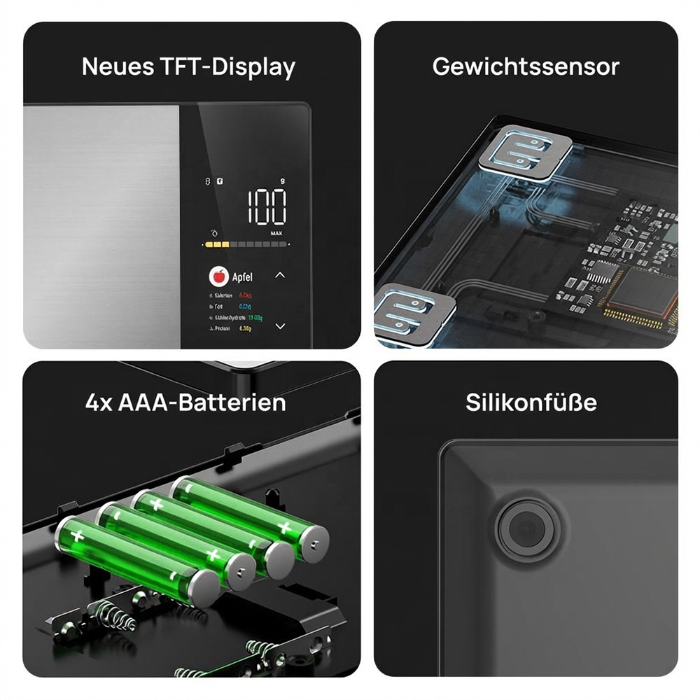 Vier Ausschnitte: TFT-Display, Gewichtssensor, AAA-Batterien und Silikonfüße.