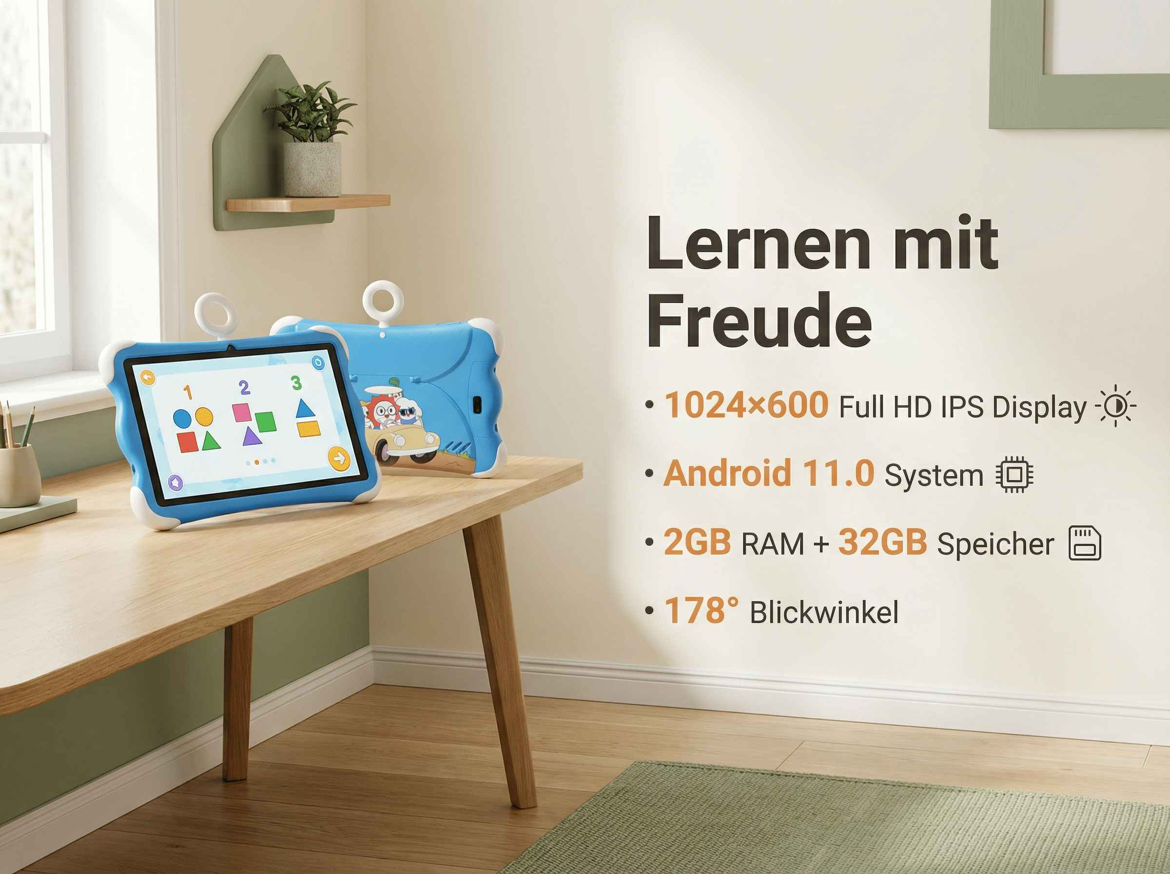 Ein blaues Kinder-Tablet mit bunten Formen und Zahlen auf dem Bildschirm.
