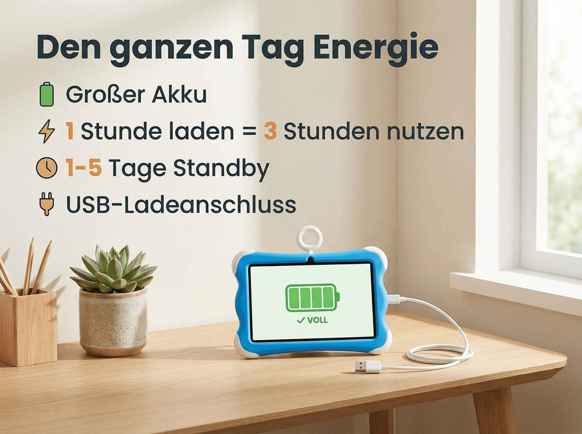 Ein blaues Tablet mit vollem Akku, das an einem USB-Kabel angeschlossen ist.