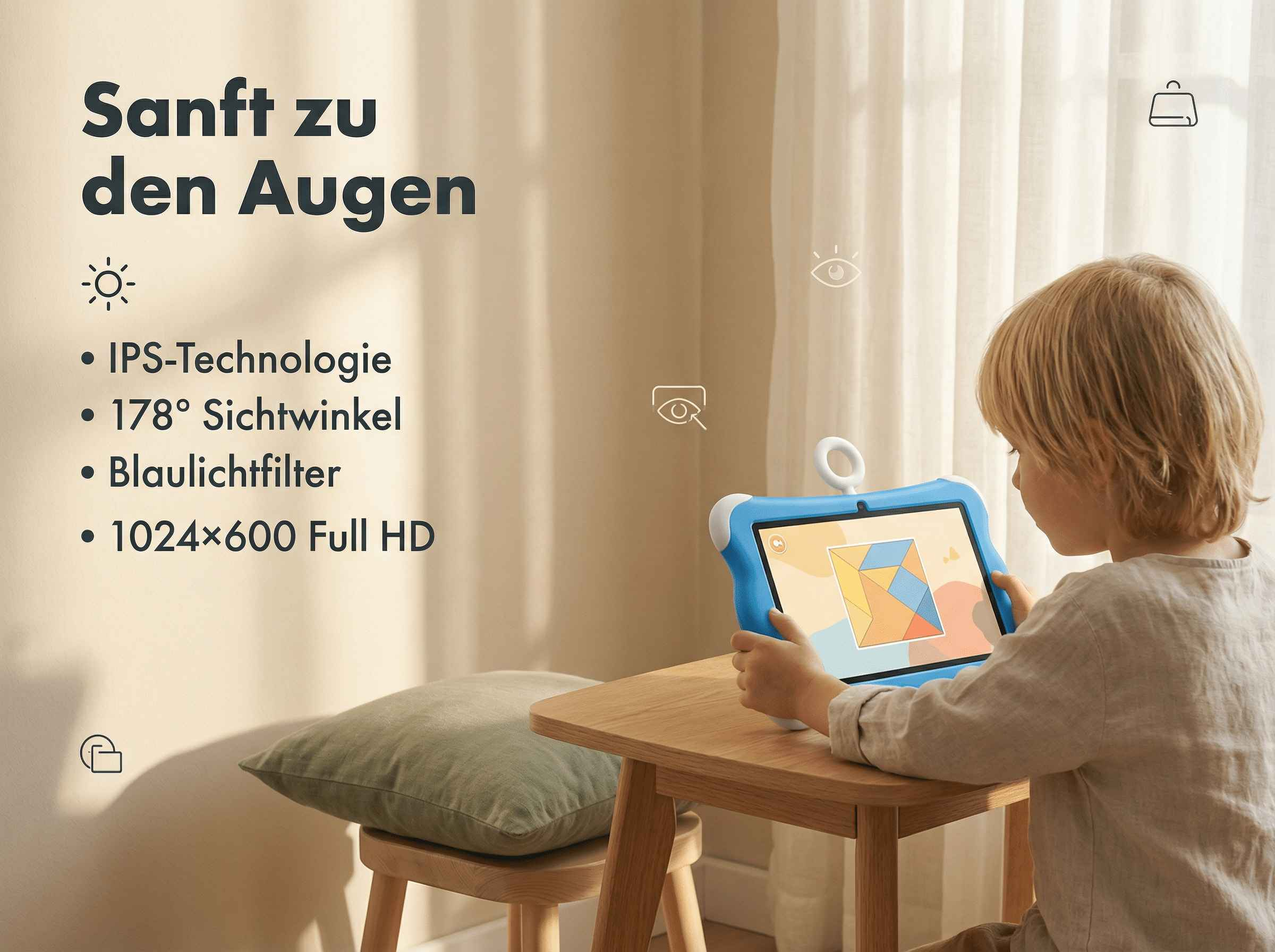 Ein Kind spielt auf einem blauen Tablet mit einem bunten Puzzle.