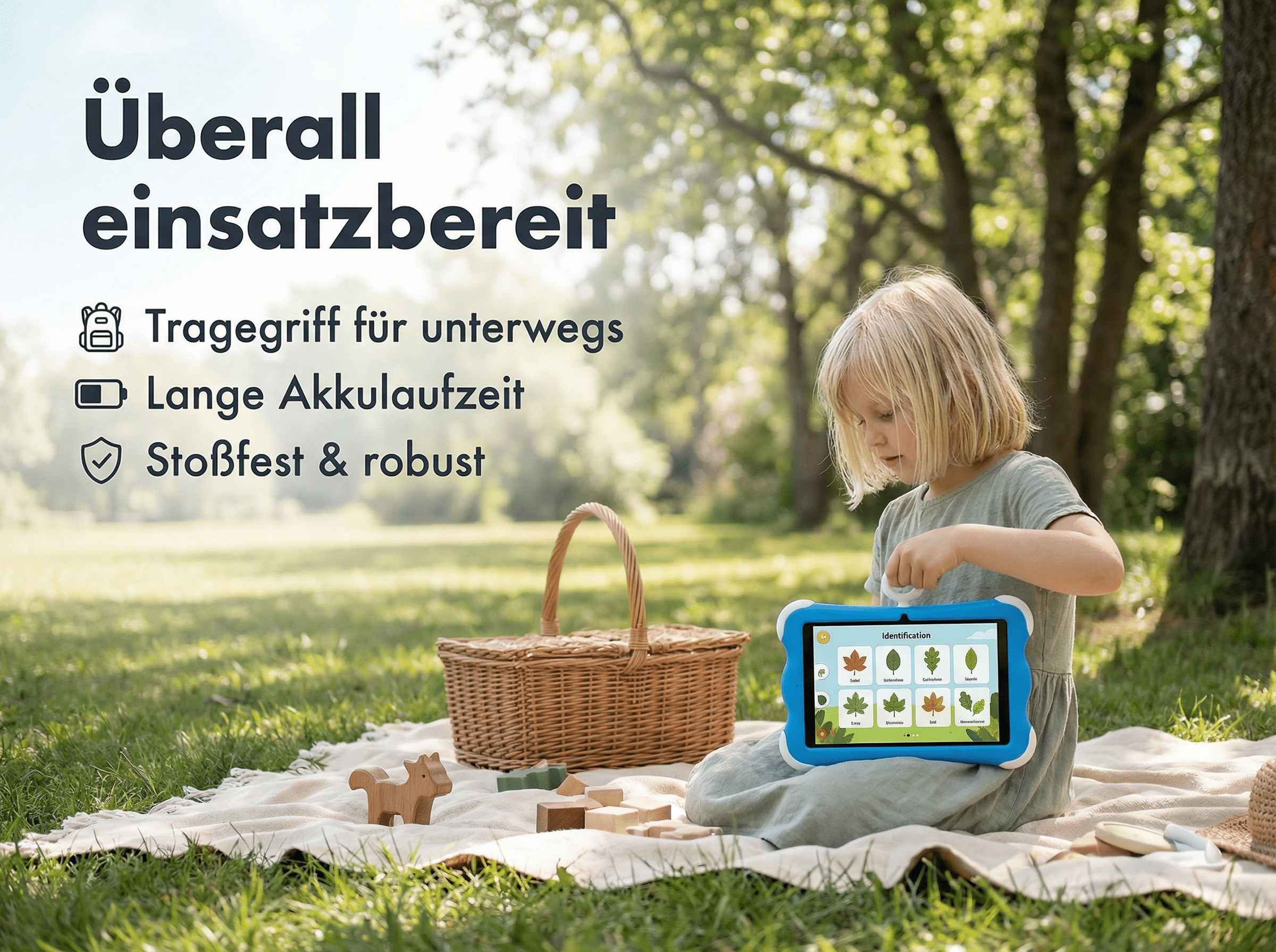 Ein Kind im Freien benutzt ein Tablet mit Blättern zur Identifizierung.