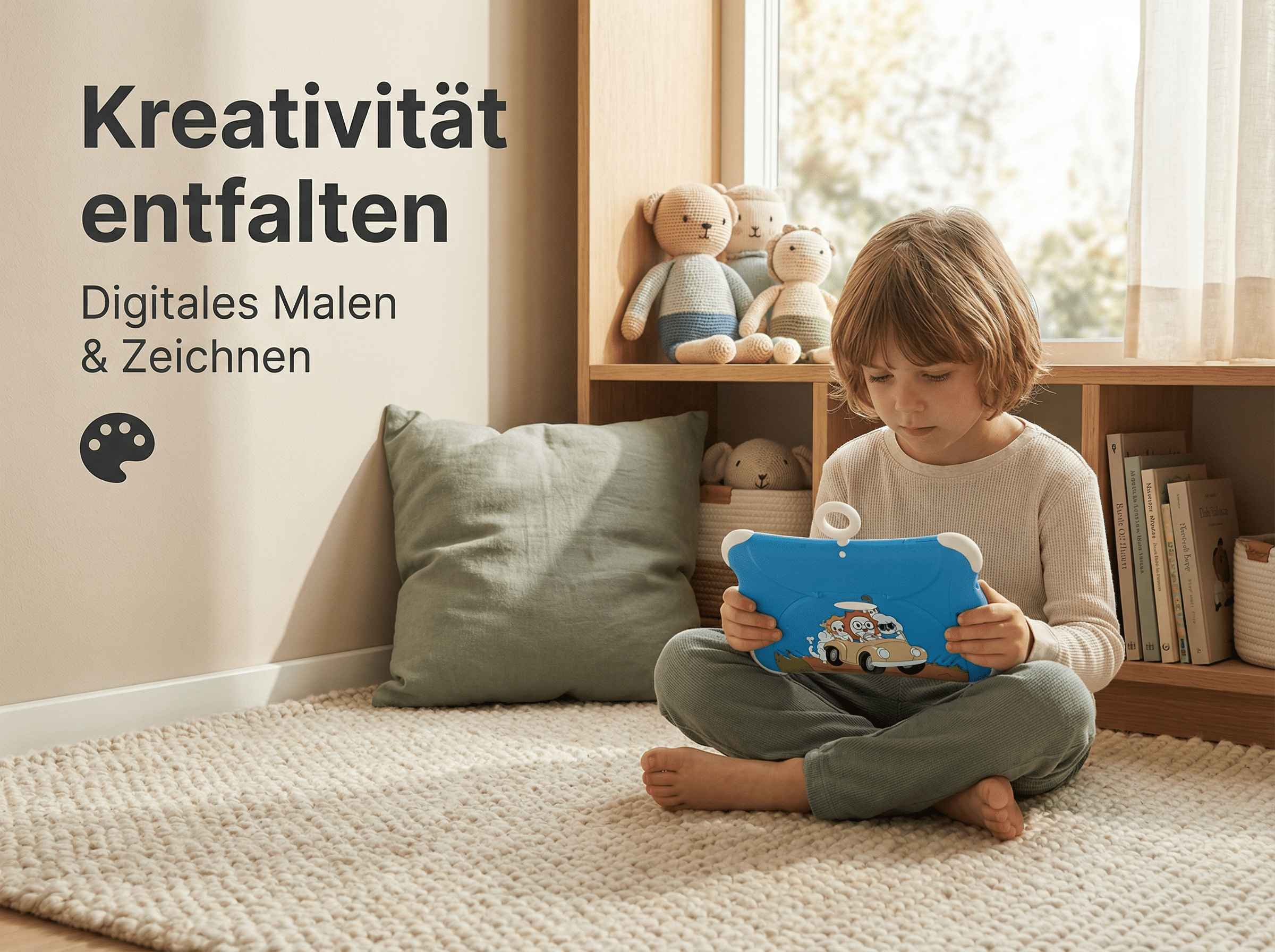 Ein Junge sitzt auf einem Teppich und schaut auf ein blaues Tablet. Auf dem Regal stehen Stofftiere.
