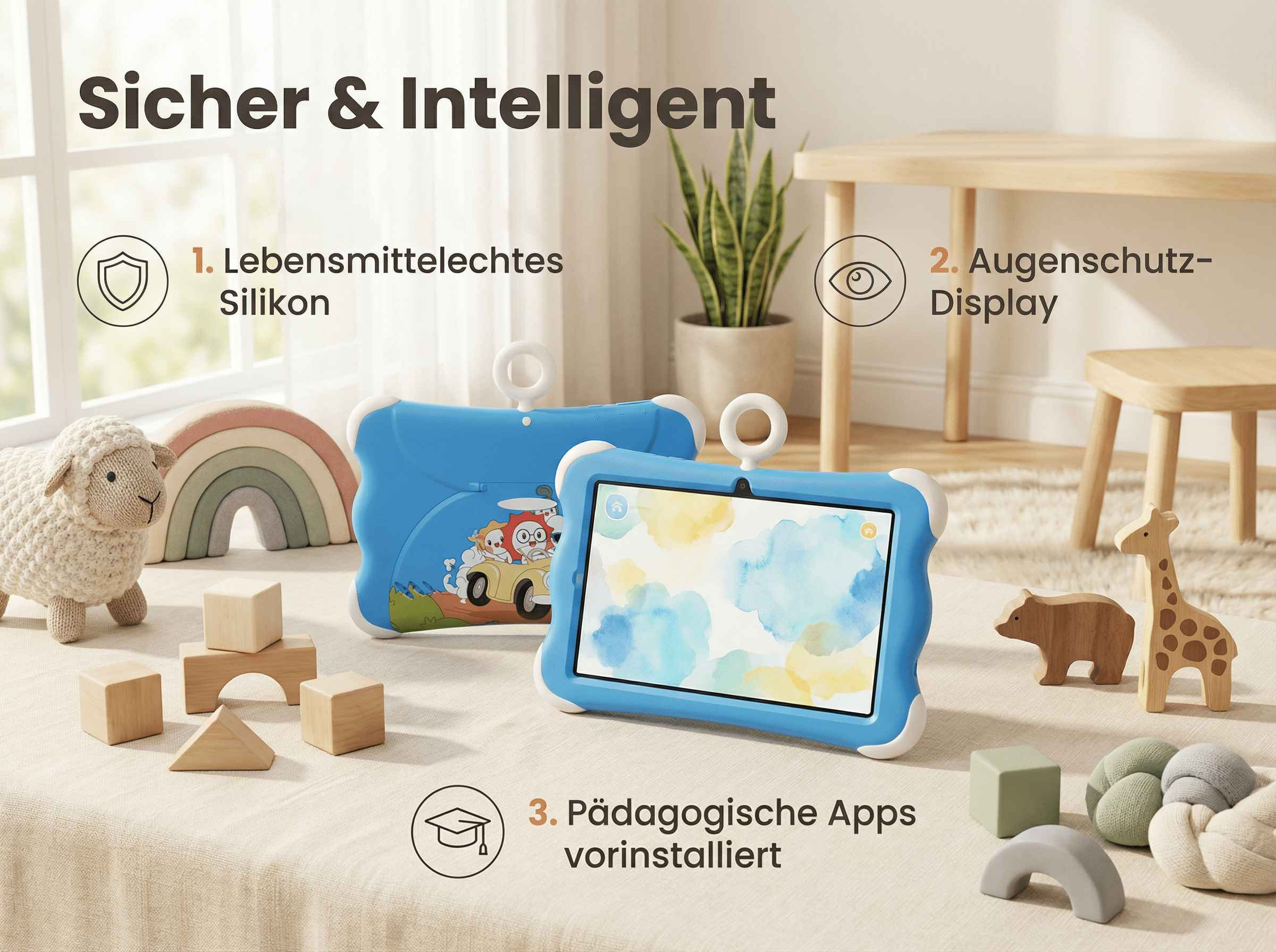 Blaue Kinder-Tablets mit Spielzeug und Text auf einem Teppich.