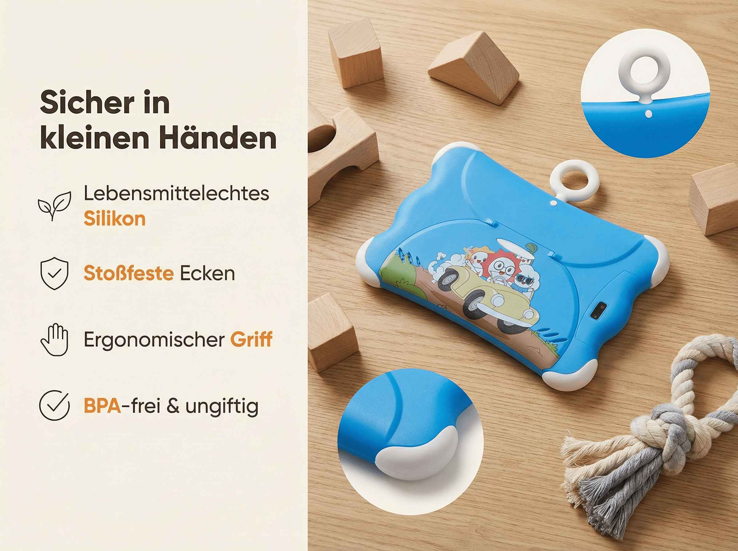 Blaues Tablet mit Cartoon-Motiv, Holzspielzeug und Seil auf Holztisch.