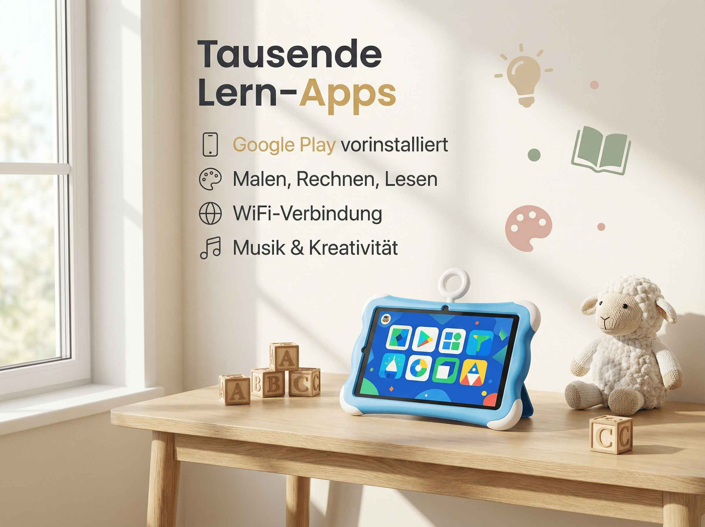 Ein blaues Tablet mit bunten Apps, Lernblöcke und ein Stoffschaf auf einem Holztisch.