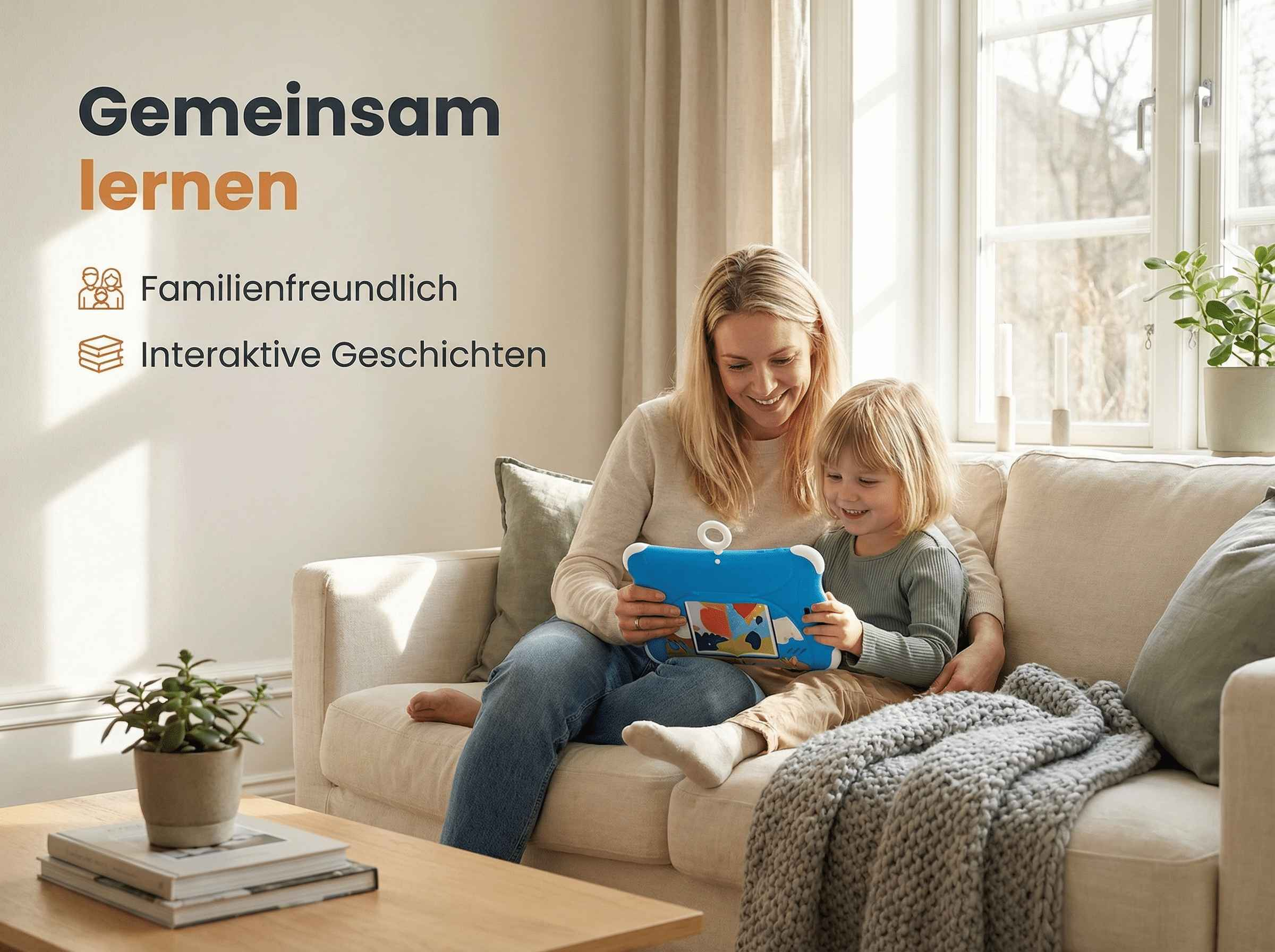 Mutter und Kind lernen gemeinsam auf einem Tablet im Wohnzimmer.