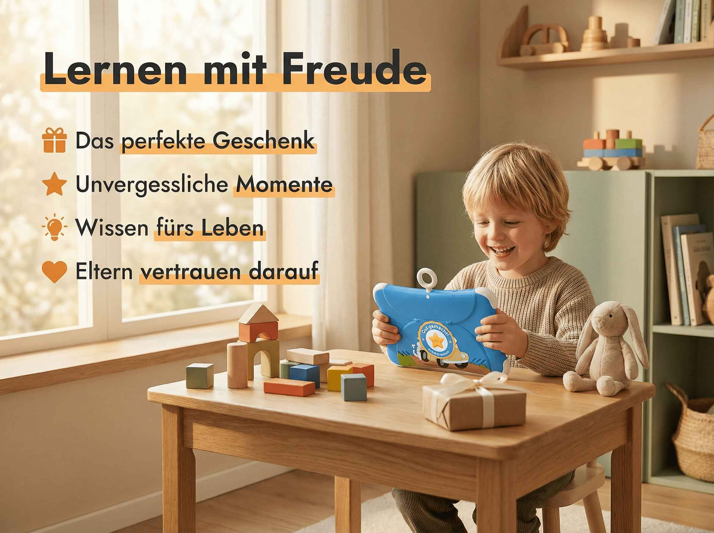 Ein Junge spielt mit einem blauen Tablet, umgeben von Holzspielzeug.
