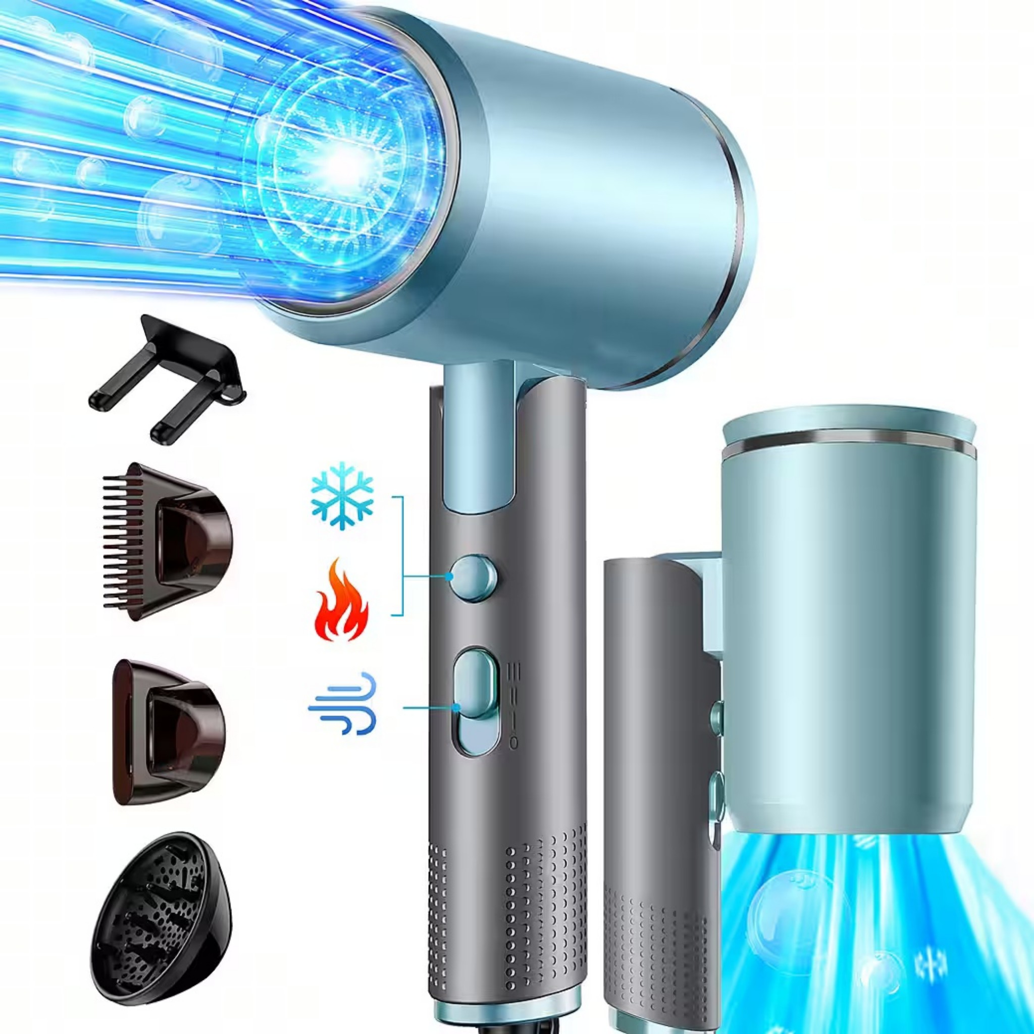 Ein türkisfarbener Haartrockner mit Zubehör und blauen Luftströmen.